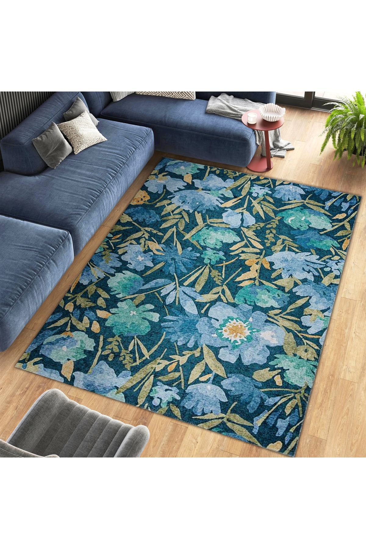 Kuzey Koleksiyonu Mavi Yeşil Çiçekler Desenli Dokuma Taban Dekoratif Halı kuzey31