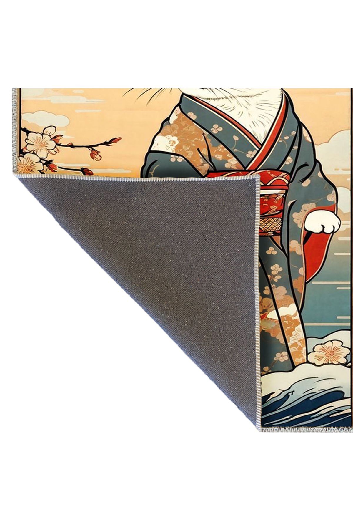 Tuğrul Koleksiyonu Soyut Temalı Kimono Giyen Kedi Desenli Dokuma Taban Modern Dekoratif Halı 38