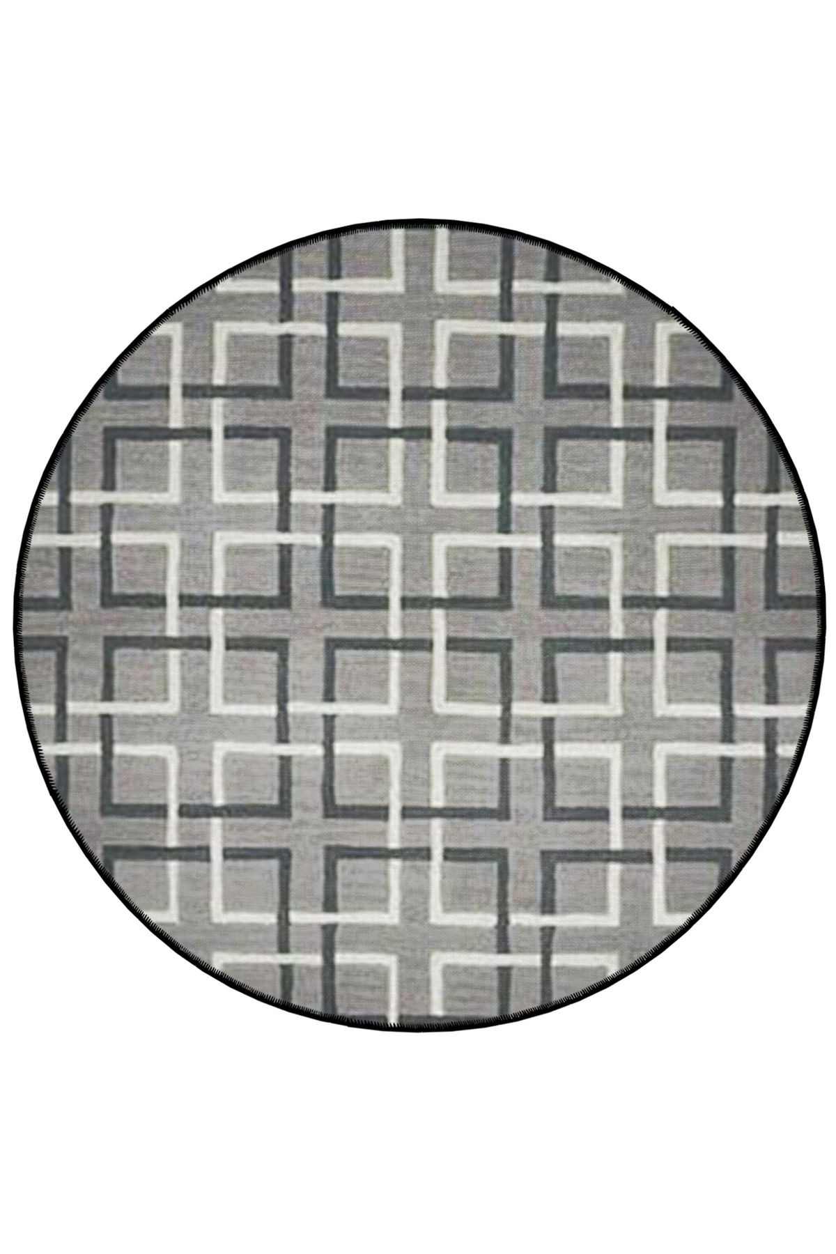 Mira Yuvarlak Gri Tonlarda Geometrik  Şekil Detaylı Dokuma Taban Modern Dekoratif Halı 5554