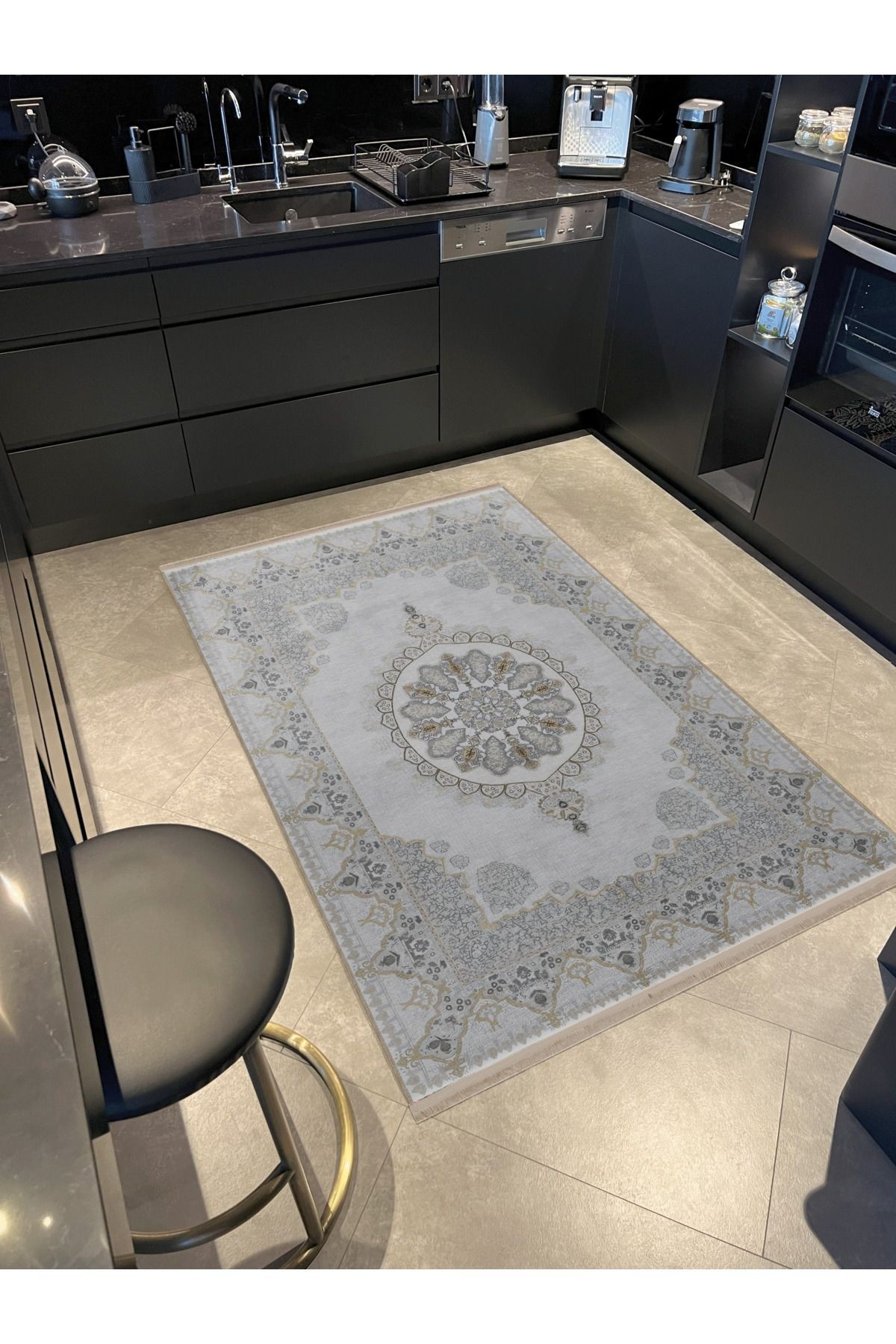 Bej Gri Temalı Geleneksel Motif Etnik Desenli Kreatif Vintage Dekoratif Halı 2391