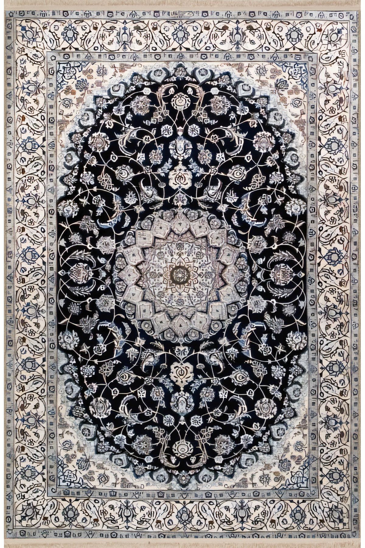 Açık Ton Bej Mavi Temalı Geleneksel Motif Etnik Desenli Kreatif Vintage Dekoratif Halı 2395