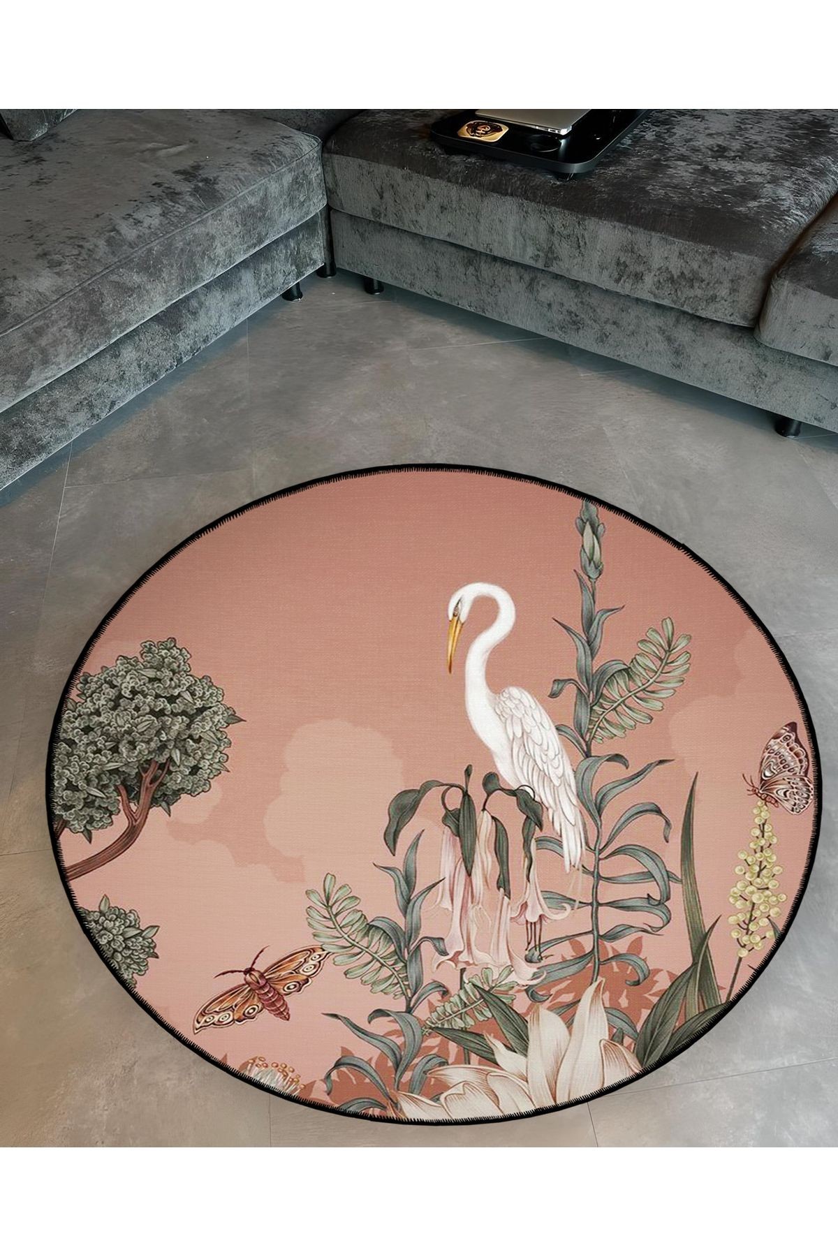 Pudra Tema Leylek ve Çiçekler Desenli Yuvarlak Dokuma Taban Modern Dekoratif Halı 6116