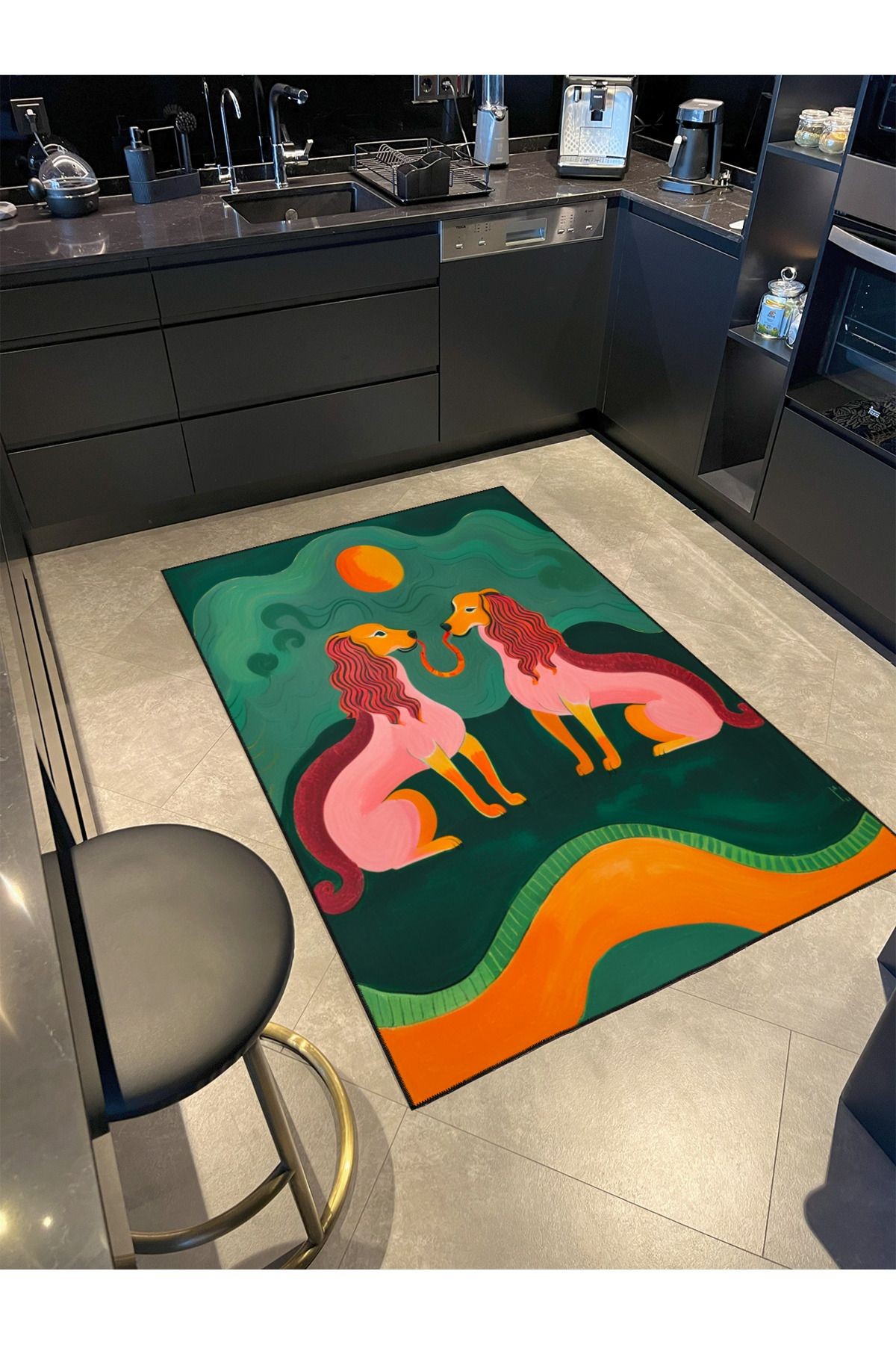 Paris Koleksiyonu Yeşil Pastel Temalı Soyut Aslan ve Ay Desenli Modern Dekoratif Halı 117