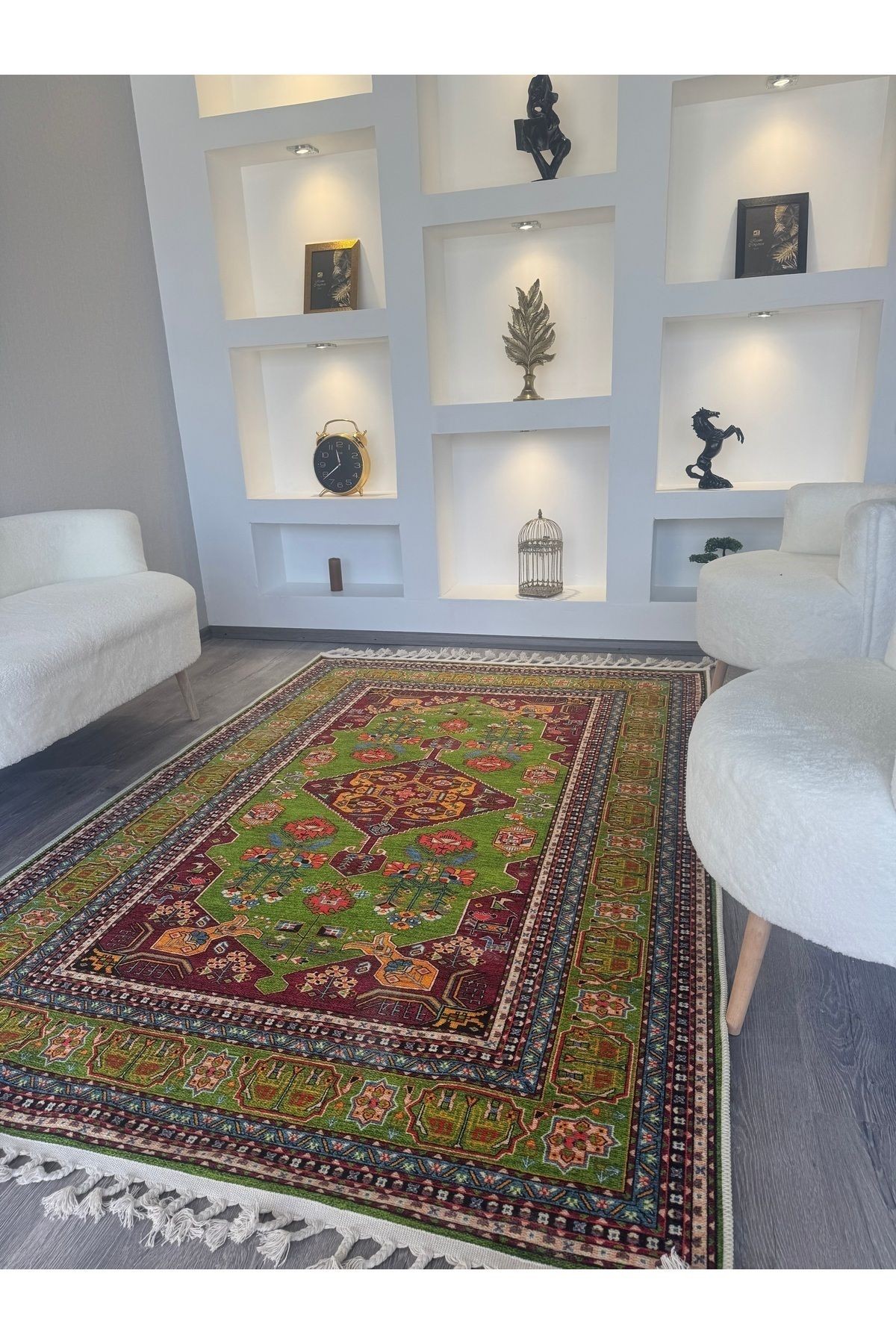 Opal Yeşil Antik Desenli Püskül Detaylı Dokuma Taban Modern Dekoratif Halı opal04