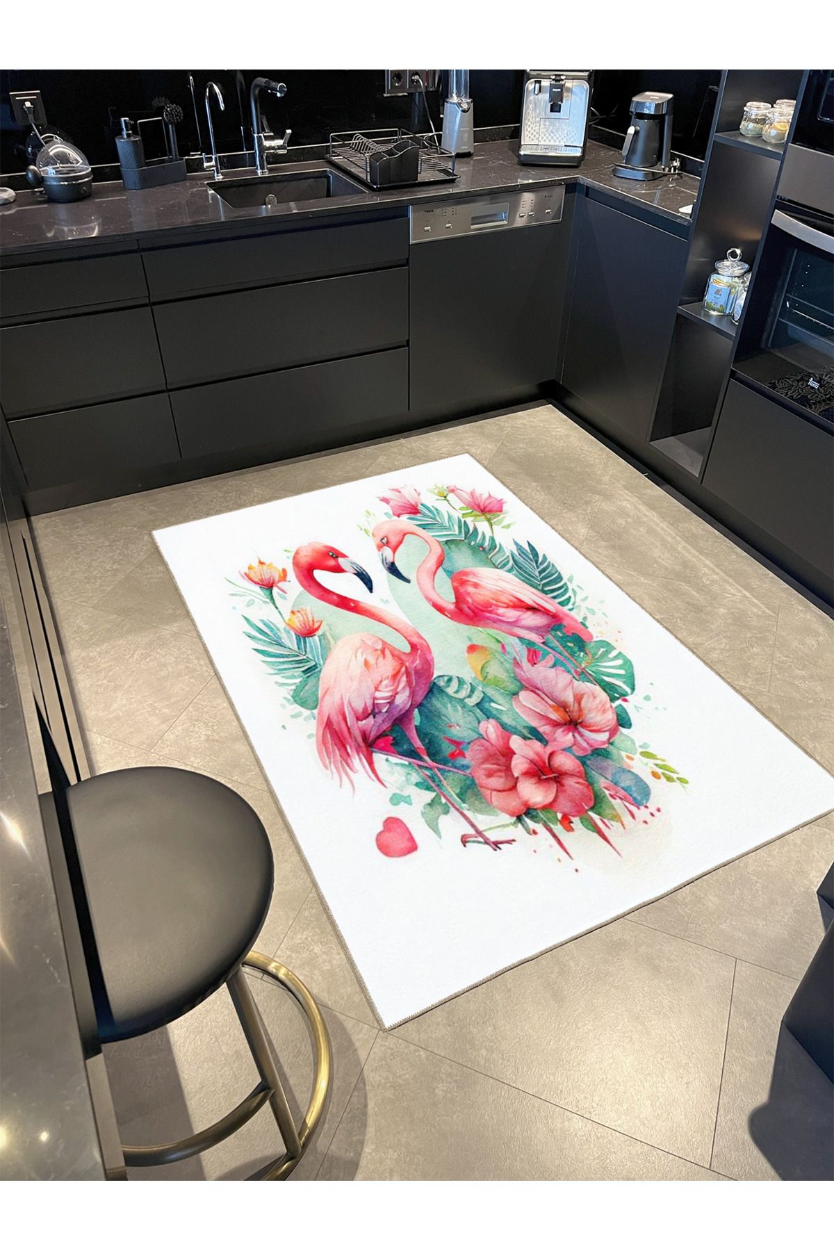 Pembe Bej Temalı Çiçek ve Flamingo Desenli Kreatif Modern Dekoratif Halı 3640