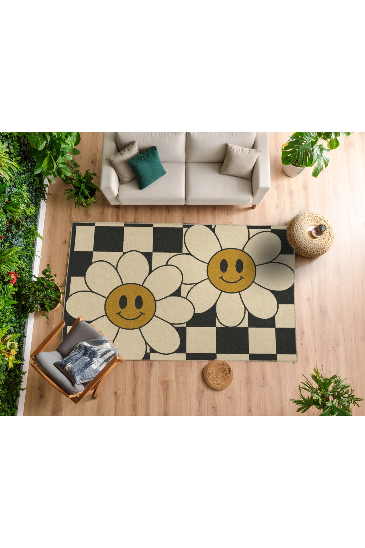 MOSSO Çok Renkli Kareli ve Papatya Figürü Desenli Dokuma Taban Modern Dekoratif Halı mosso336