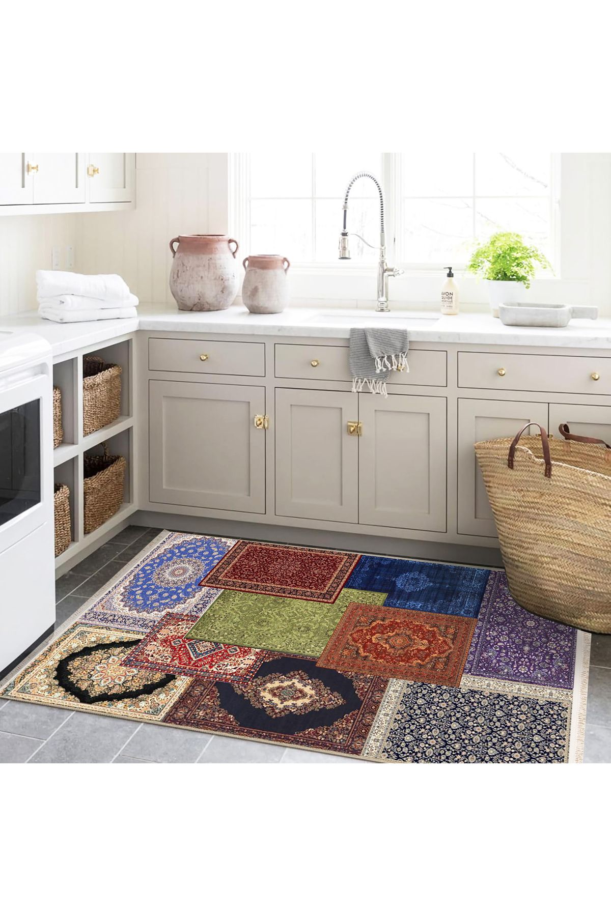 Kuvars Koleksiyonu Çok Renkli Etnik Vintage Desenli Dokuma Taban Geleneksel Dekoratif Halı 04