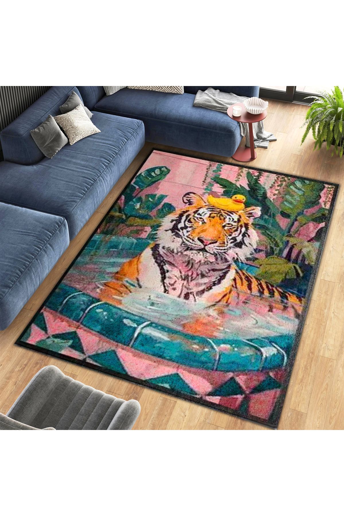 Kuzey Koleksiyonu Havuzda Kaplan ve Oyuncak Ördek Desenli Dokuma Taban Dekoratif Halı kuzey14