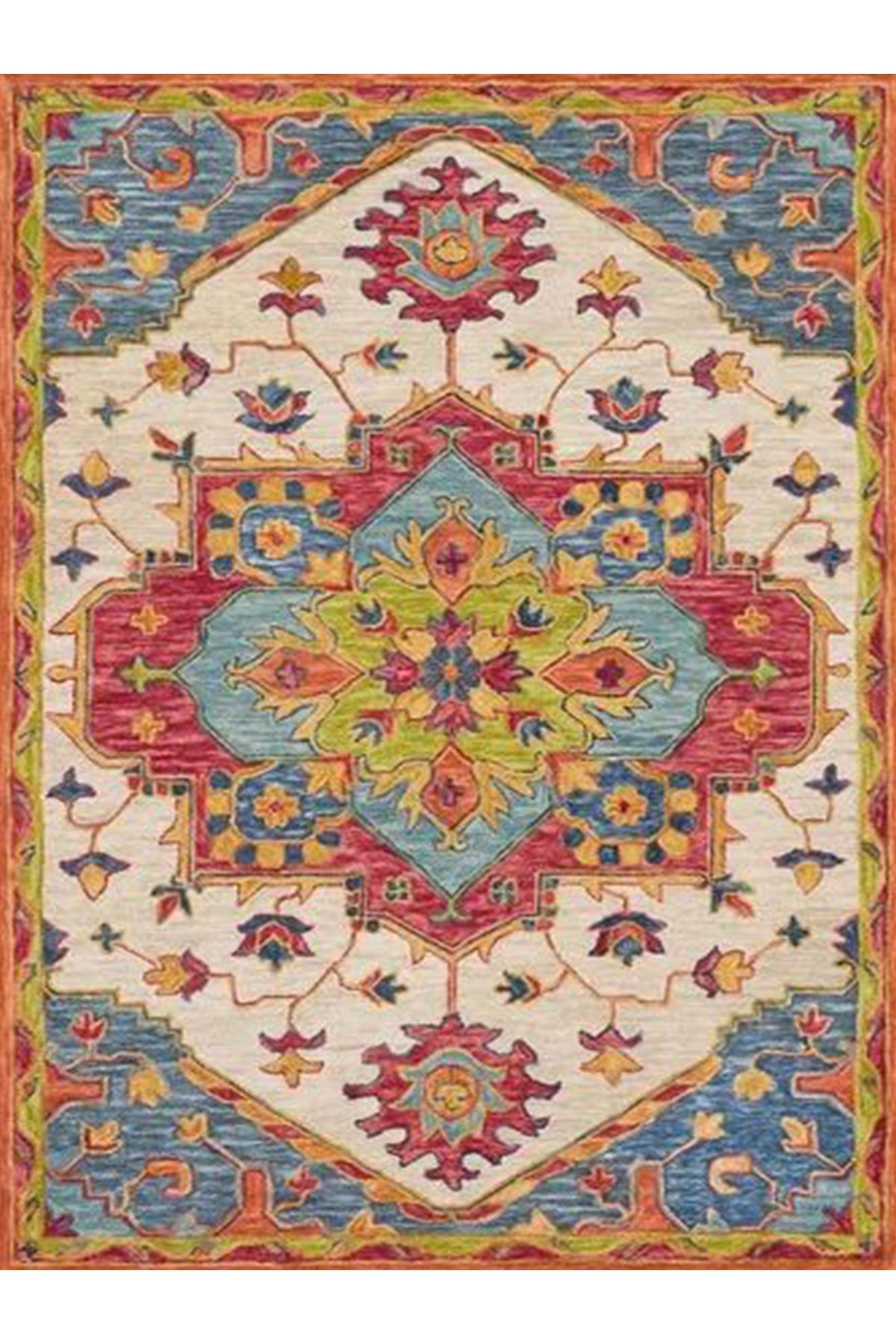 Kemal Koleksiyonu Çok Renkli Çiçek Motifleri ve Etnik Desenli Dokuma Taban Vintage Dekoratif Halı 06