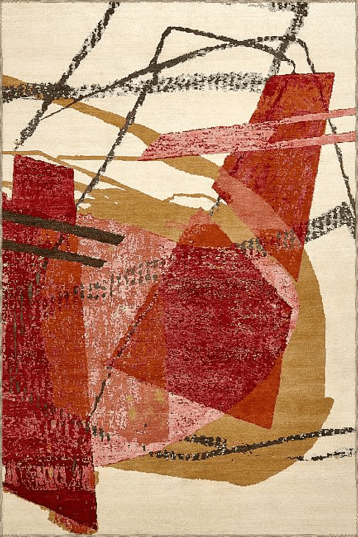 Kırmızı Temalı Karma Soyut Desenli Saçaklı Modern Dekoratif Halı 4520