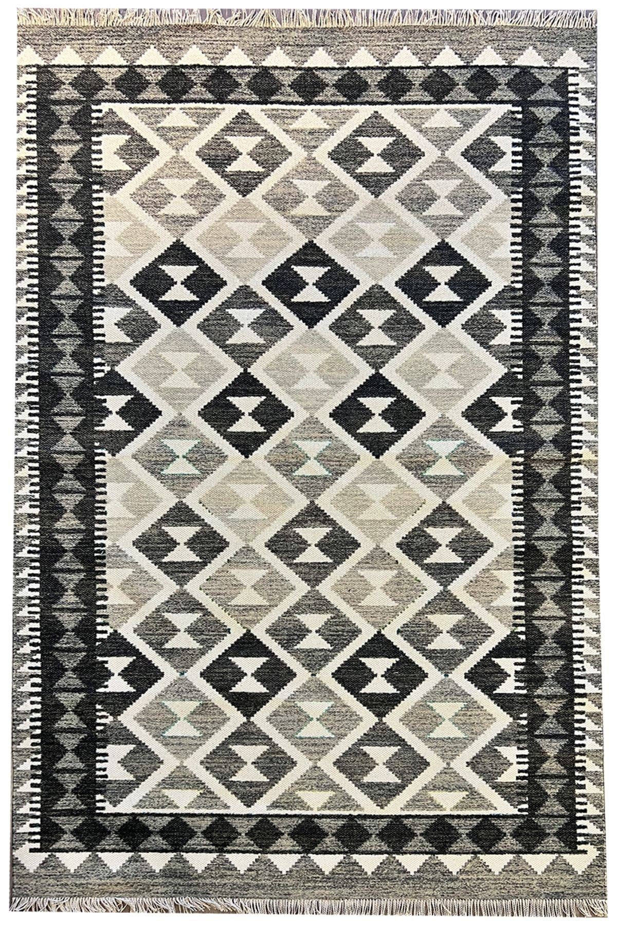 Cotton 564 Etnik Eskitme Desenli Füme Beyaz Dokuma Taban Kilim