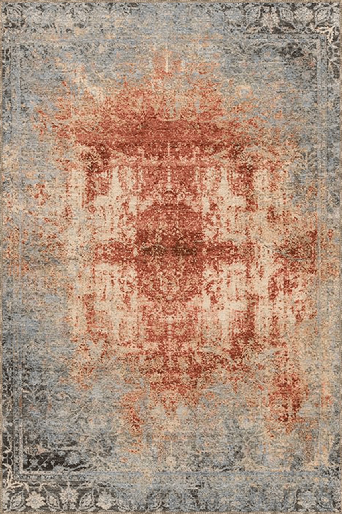 Turuncu Temalı Soyut Geleneksel Motif Desenli Saçaklı Vintage Dekoratif Halı 4515