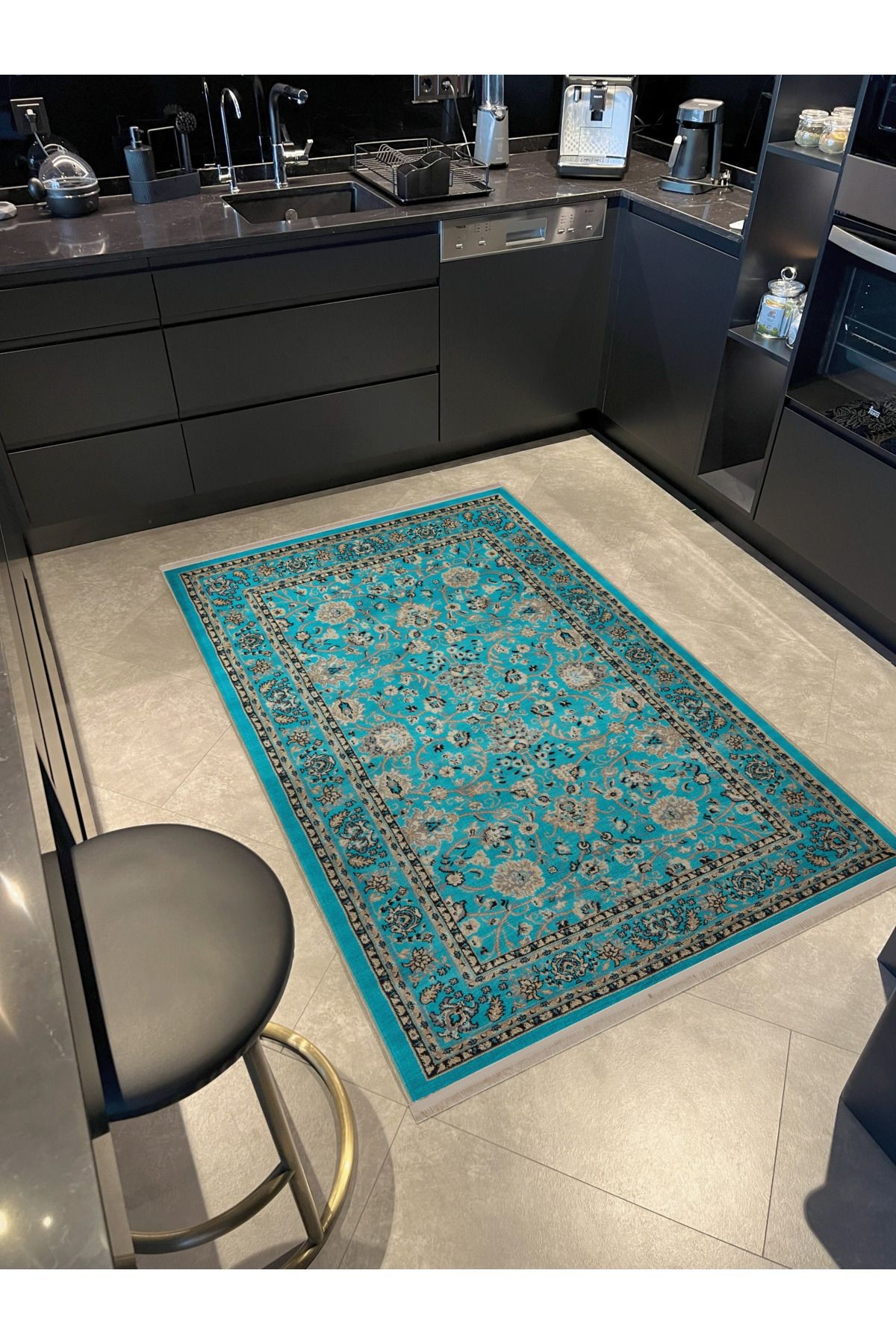 Turkuaz Temalı Motifli Etnik Çiçek Desenli Kreatif Vintage Dekoratif Halı 2807