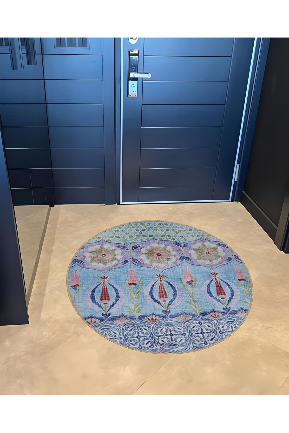 Mavi Temalı Geleneksel Motif Desenli Yuvarlak Dokuma Taban Vintage Dekoratif Halı 6060