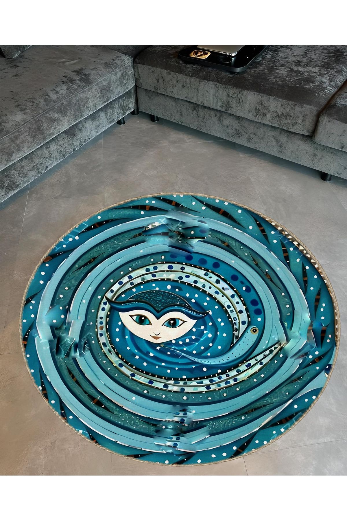 Shape Koleksiyonu Yuvarlak Mavi Yüz Detaylı Desenli Dokuma Taban Halı Shape68