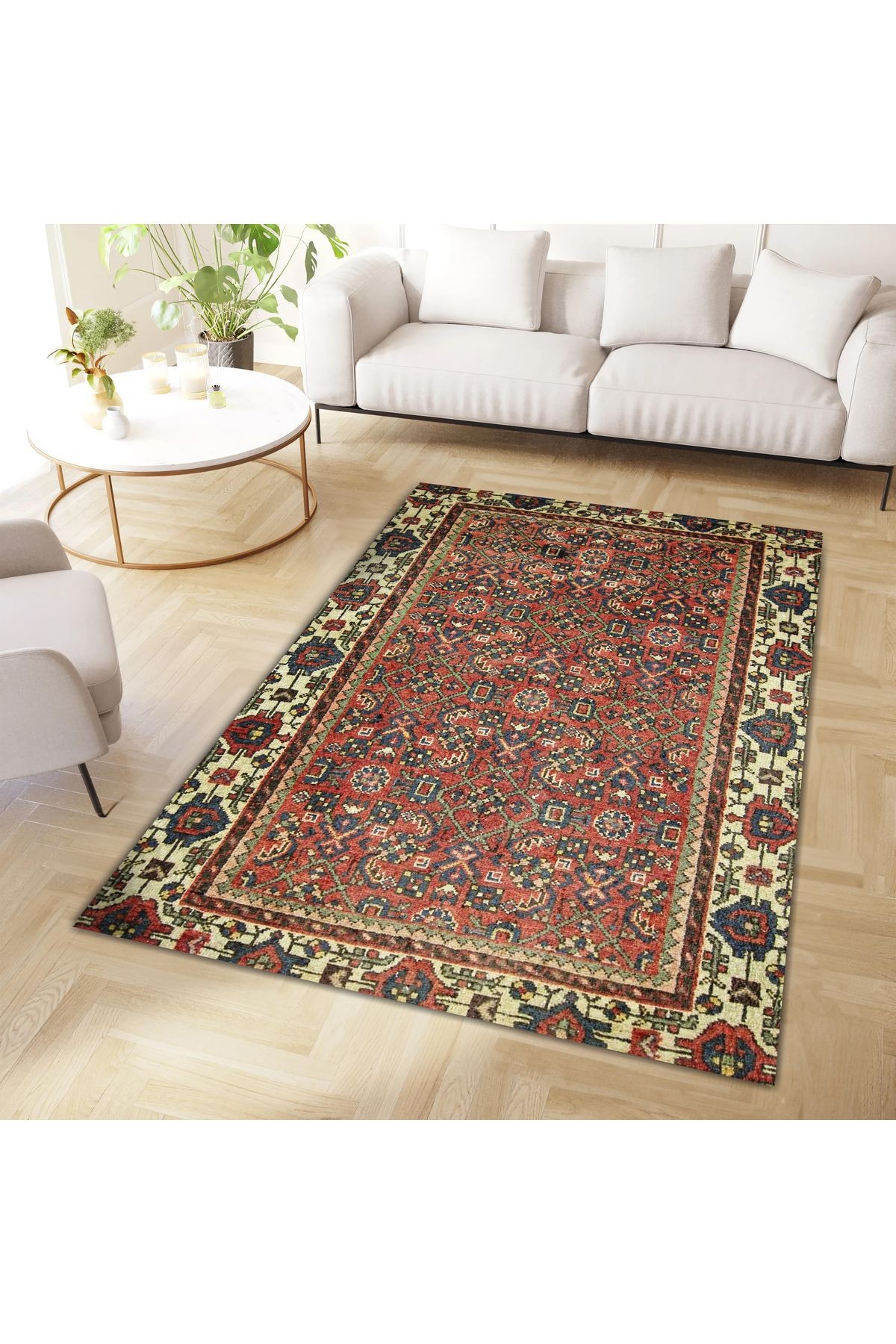 Mete Koleksiyonu Kiremit Renk Etnik Motifler ve Geleneksel Desenli Vintage Dekoratif Halı 06