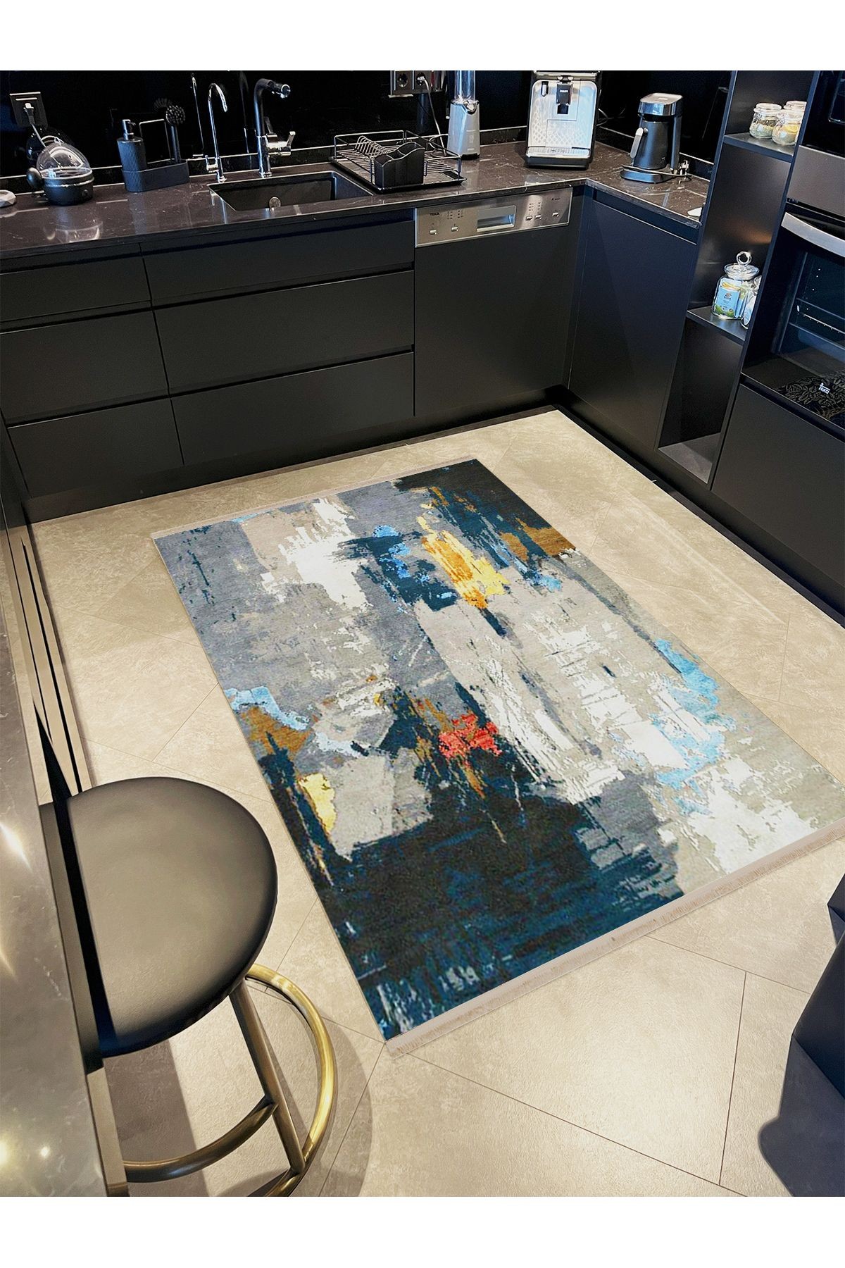 Barcelona Koleksiyonu Koyu Tonlarda Soyut Desenli Dokuma Taban Modern Dekoratif Halı 56