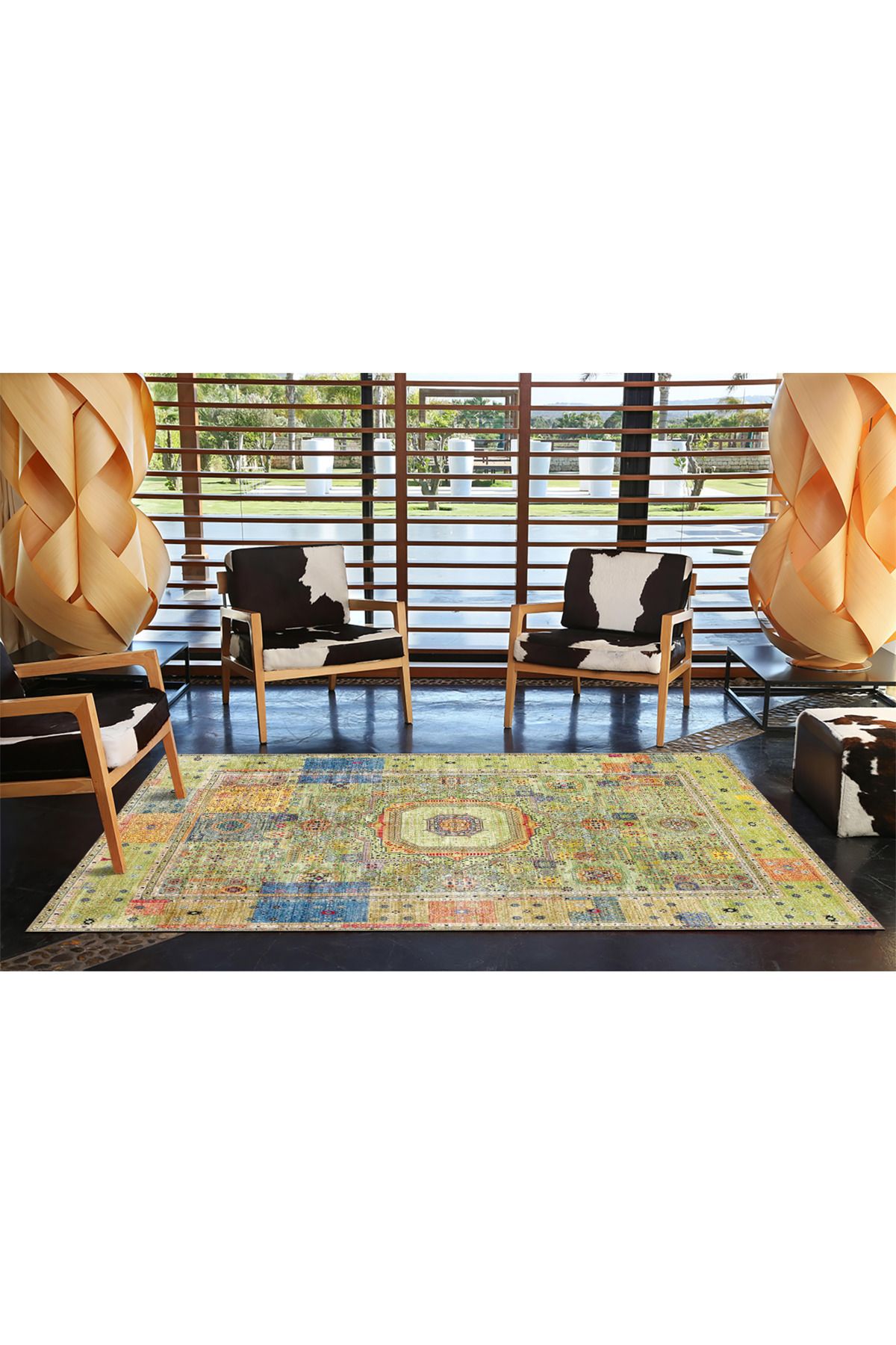 Sarı Geometrik Geleneksel Çiçekli Desenli Dokuma Taban miravip688