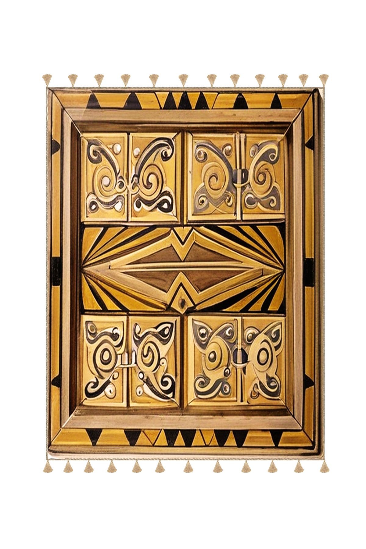Royal Karma Soyut Şekiller Desenli Püskül Detaylı Dokuma Taban Dekoratif Halı royal26