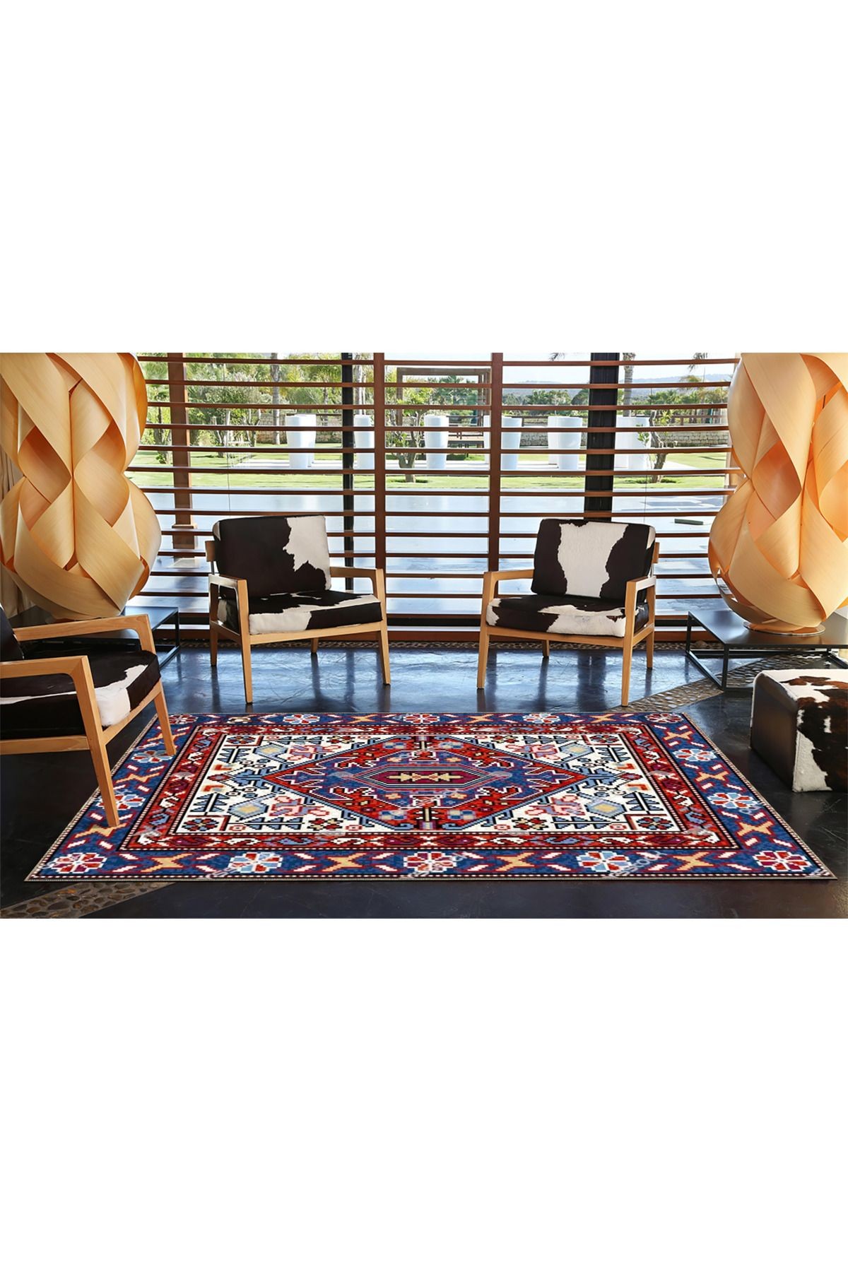 Mavi Bordo Temalı Geleneksel Motif Desenli Vintage Dekoratif Halı 3555