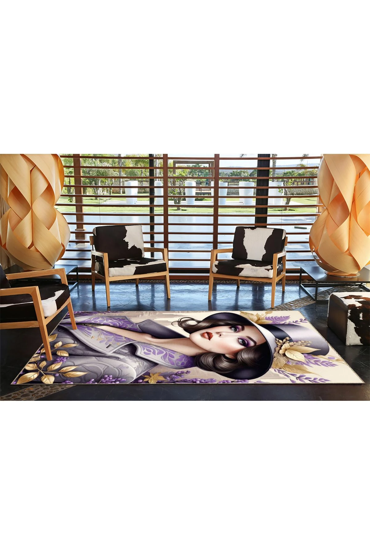 Mor Tonlarda Aksesuarlı Kız Desenli DokumaTaban miravip771