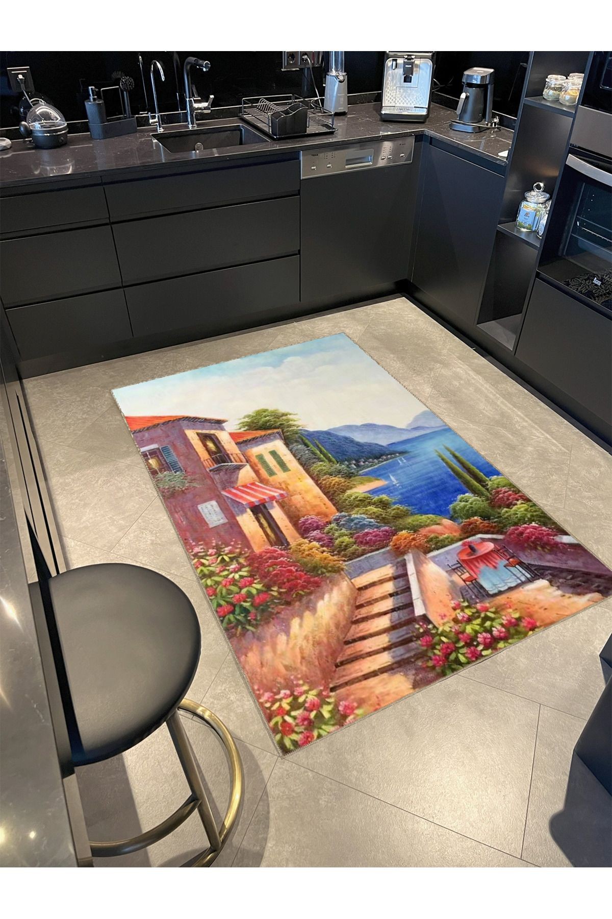 Goblen Tasarım Tatil Köyü Temalı Deniz ve Dağ Desenli Vintage Dekoratif Halı 5084