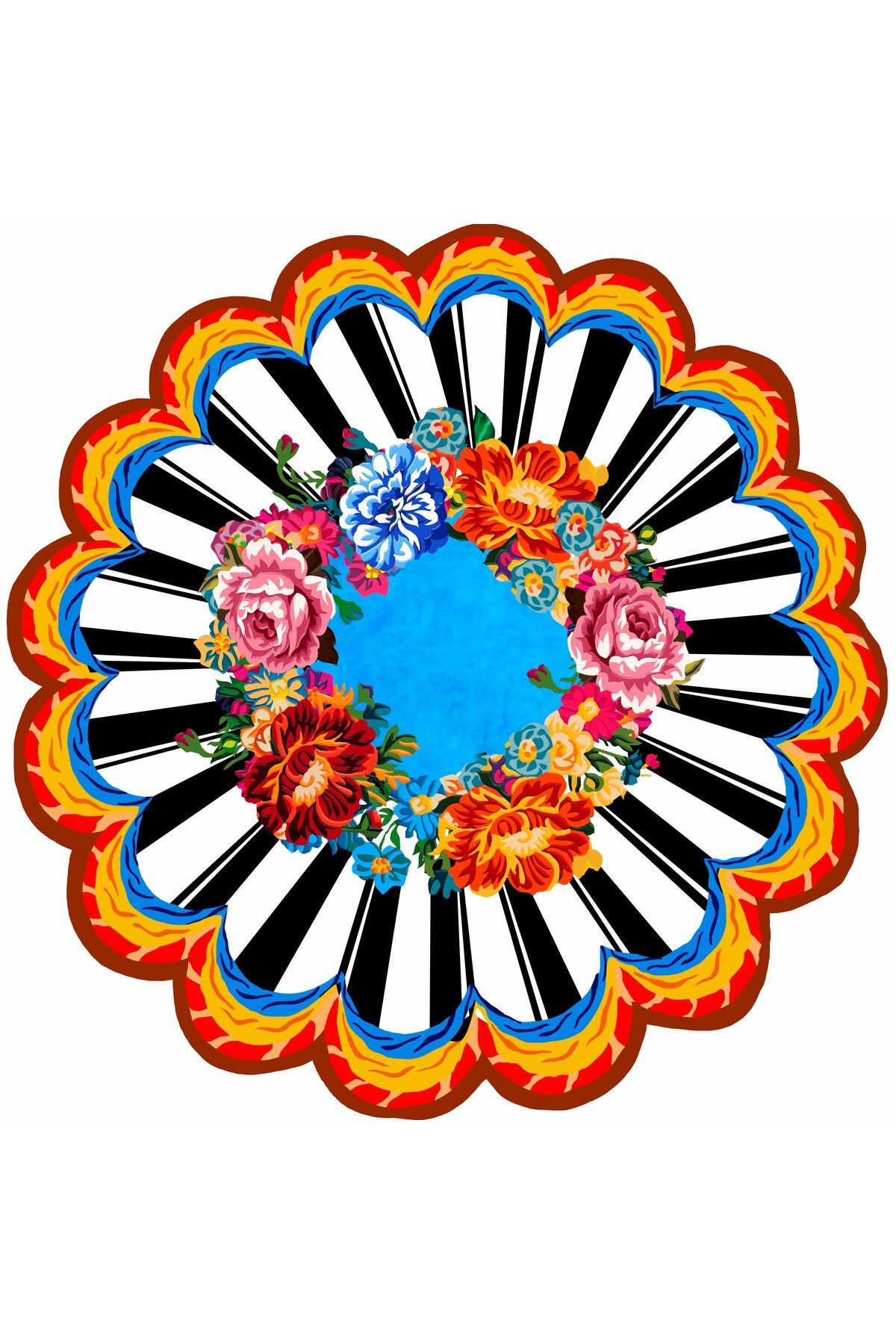Mira Floret 2091 Blue Çiçek Dama Desen Siyah Beyaz Halı