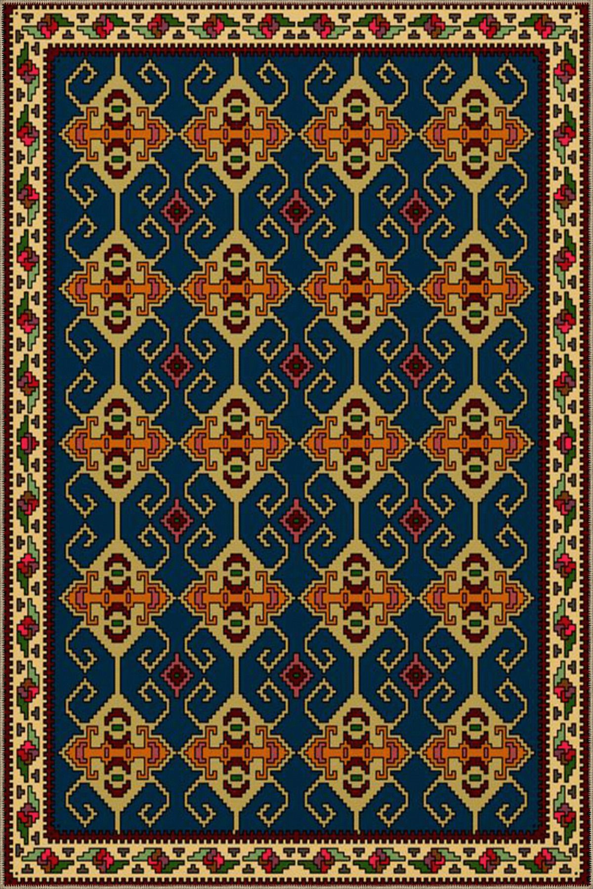 Mavi Sarı Temalı Geleneksel Motif Etnik Desenli Saçaklı Vintage Dekoratif Halı 4645