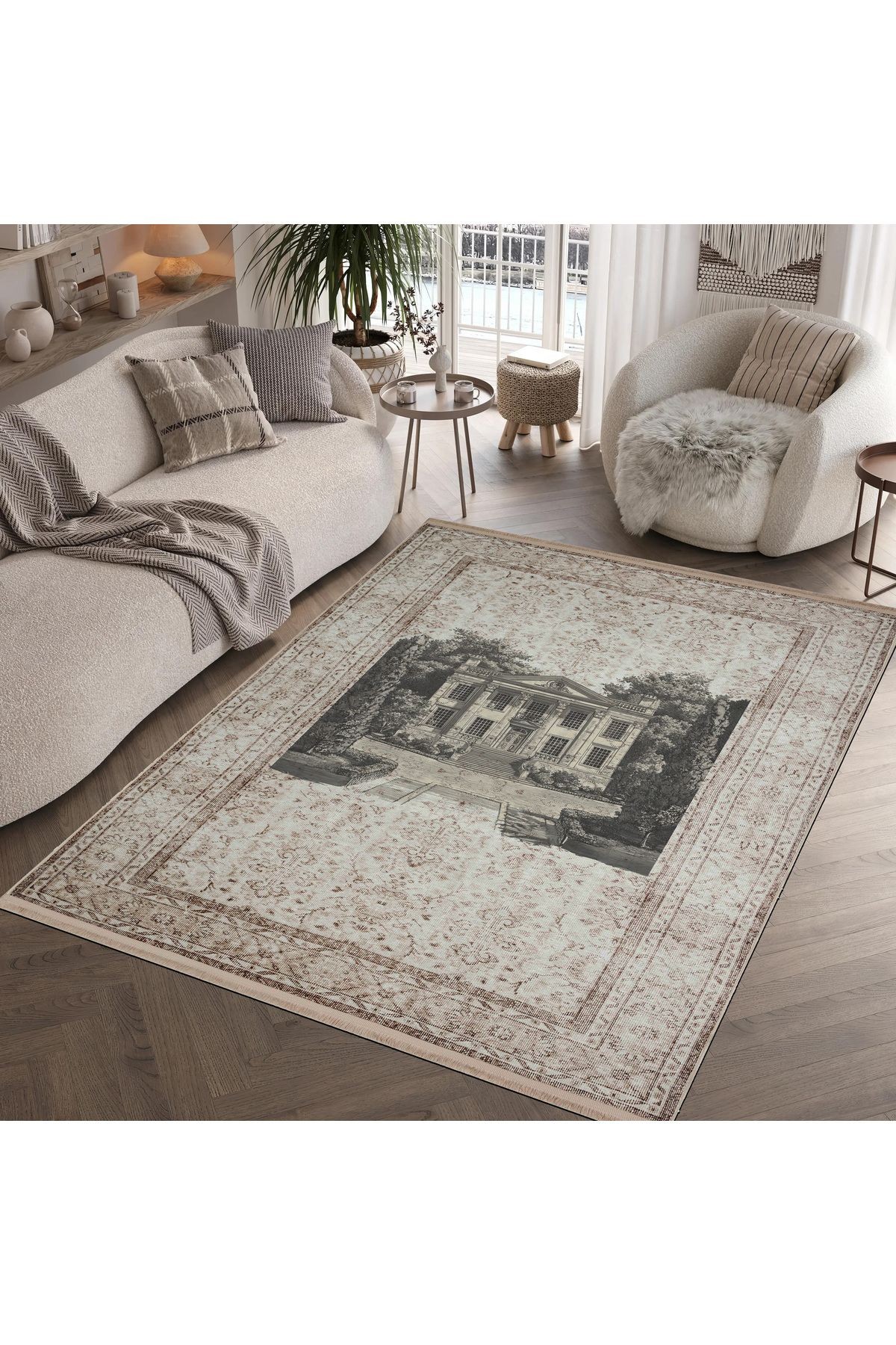 Nora Art 13 Eski Ev Figürlü Krem Vintage Klasik Halı Dokuma Taban Dekoratif Salon Halısı
