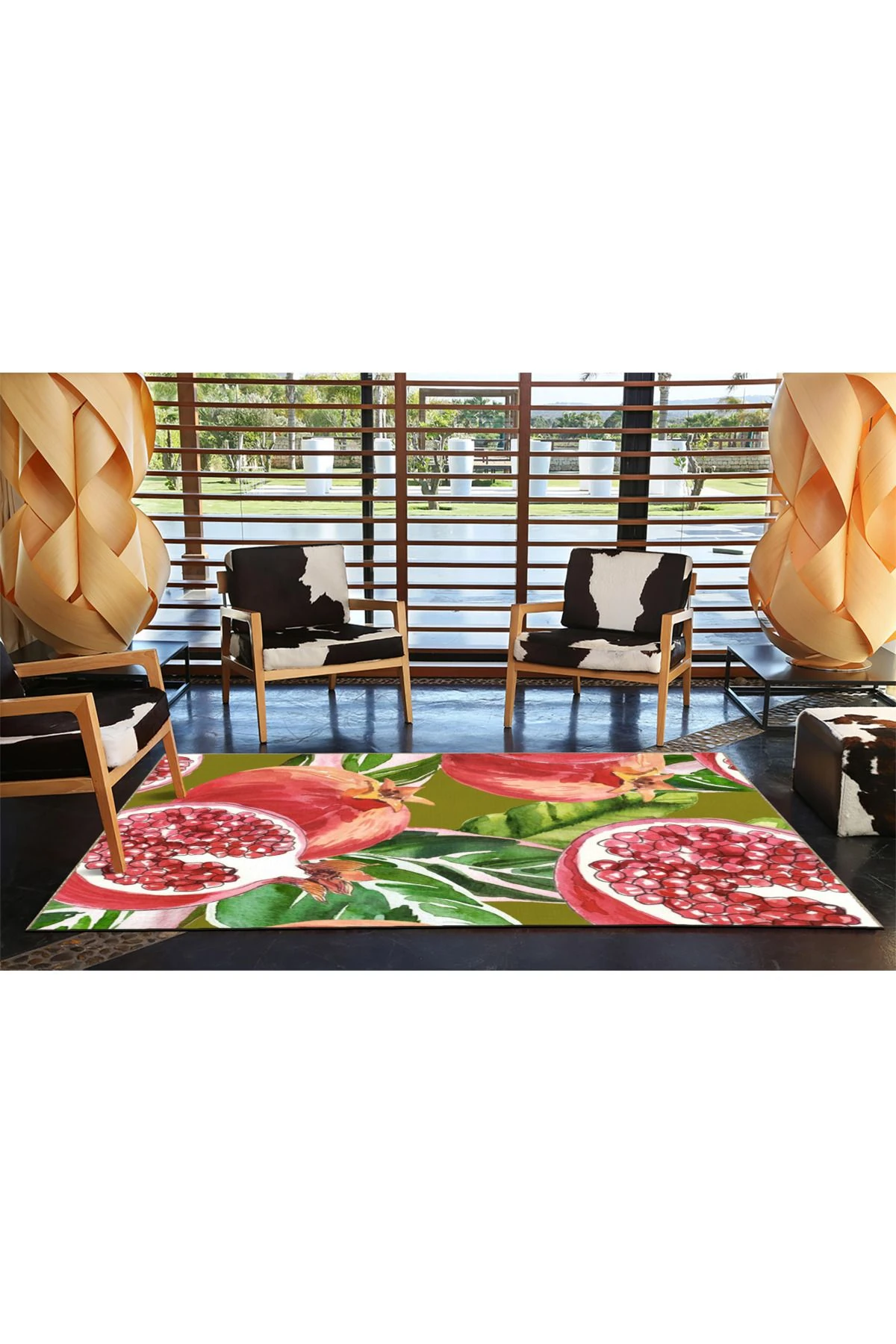 Yeşil Kırmızı Temalı Nar Desenli Kreatif Modern Dekoratif Halı 3847