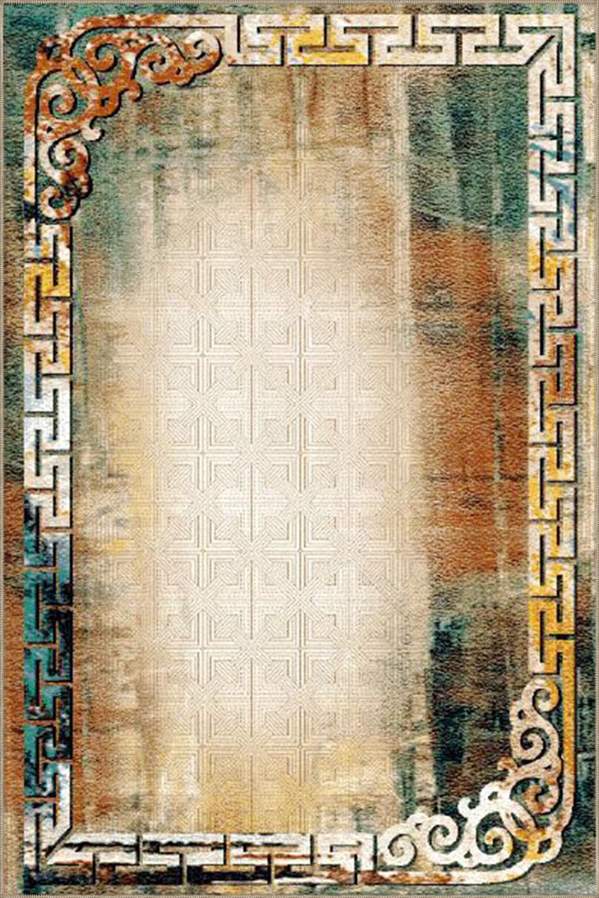 Çerçeveli Krem Siesta Motifli Geleneksel Dokuma Taban Yıkanabilir Halı miravip9117