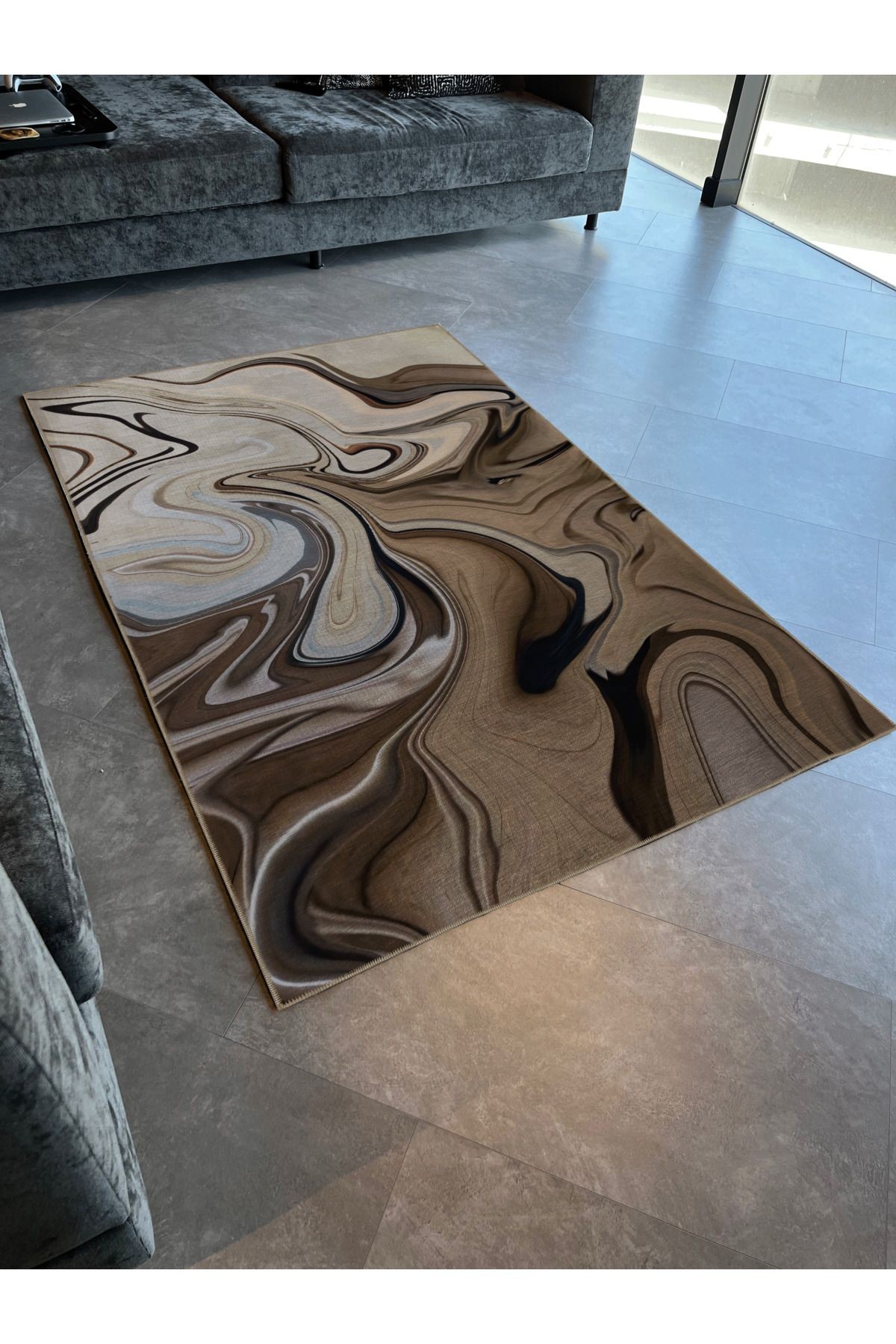 Bej Kahve Temalı Çok Renkli Soyut Desenli Modern Dekoratif Halı 2376