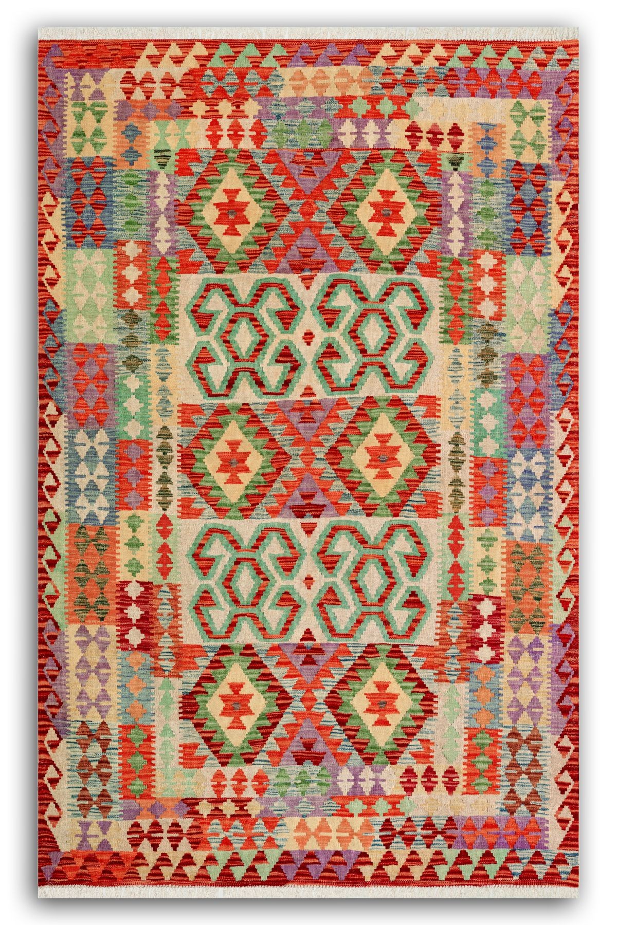 Cotton 574 Etnik Otantik Saçaklı Renkli Dokuma Taban Kilim