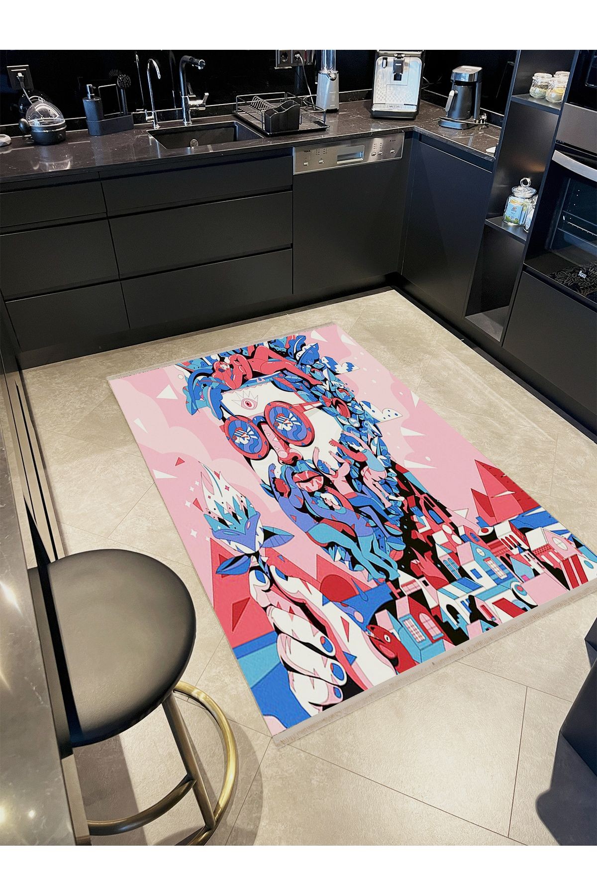 Asena Koleksiyonu Pembe Mavi Tonlarda Soyut İnsan ve Ev Figürleri Desenli Modern Dekoratif Halı 35