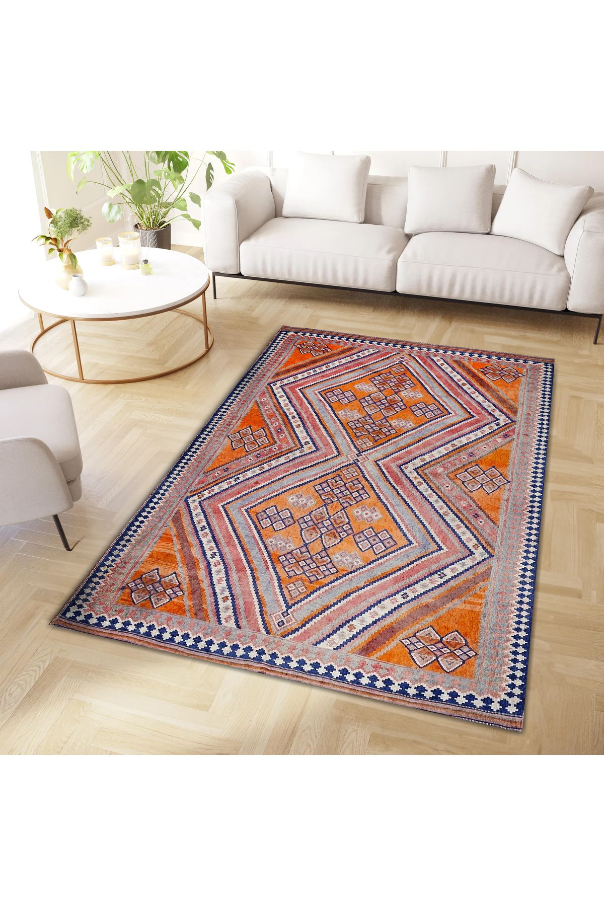 Mete Koleksiyonu Turuncu Temalı Etnik Motifler ve Geometrik Desenli Vintage Dekoratif Halı 48