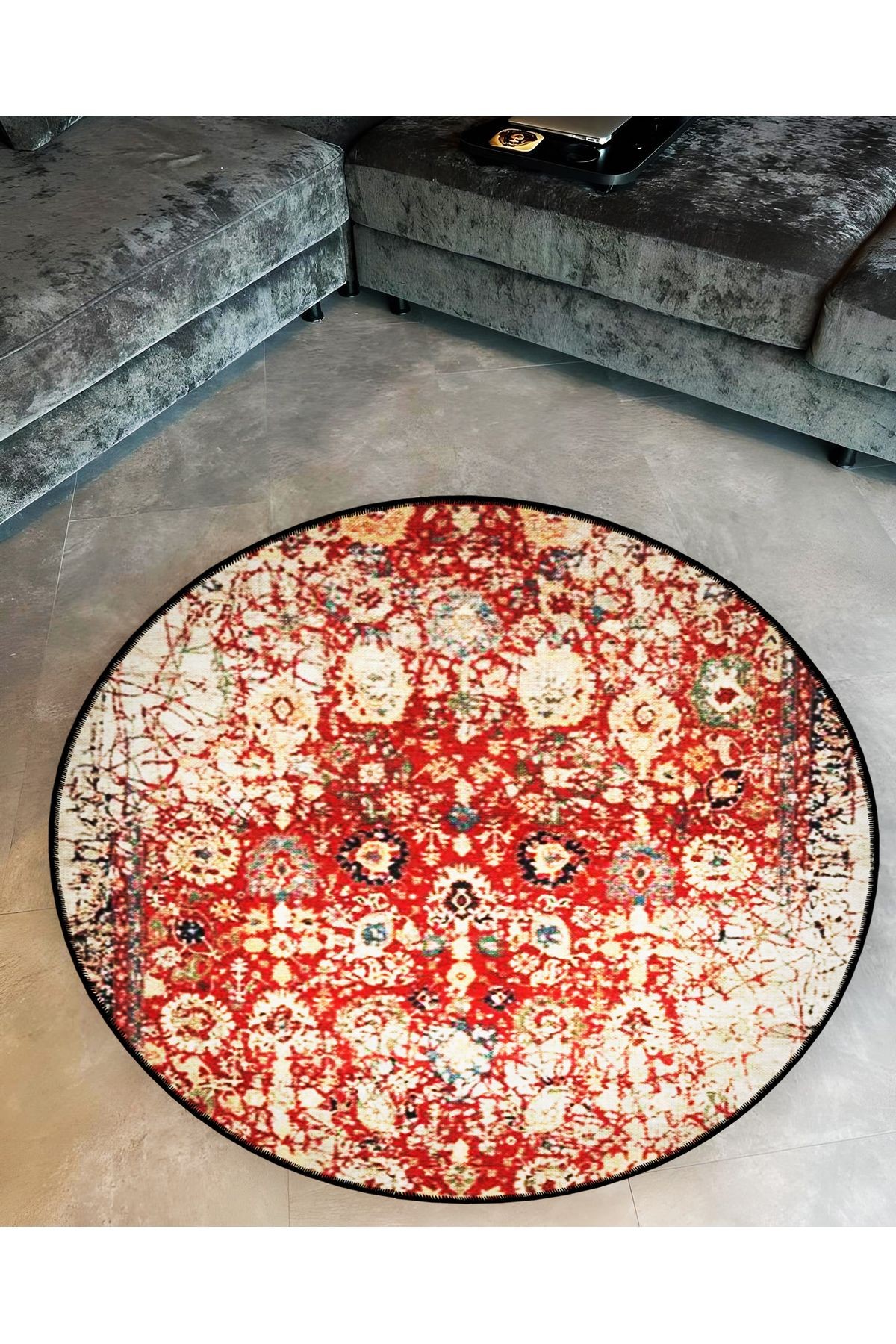 Kırmızı Bej Tema Geleneksel Motifli Desenli Yuvarlak Dokuma Taban Vintage Dekoratif Halı 6202