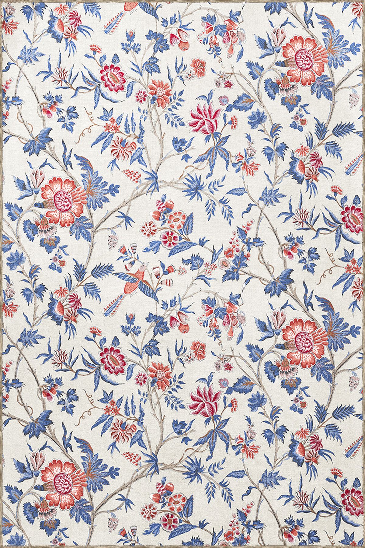 Mavi Kırmızı Temalı Sarmaşık ve Çiçek Desenli Modern Dekoratif Halı 3353