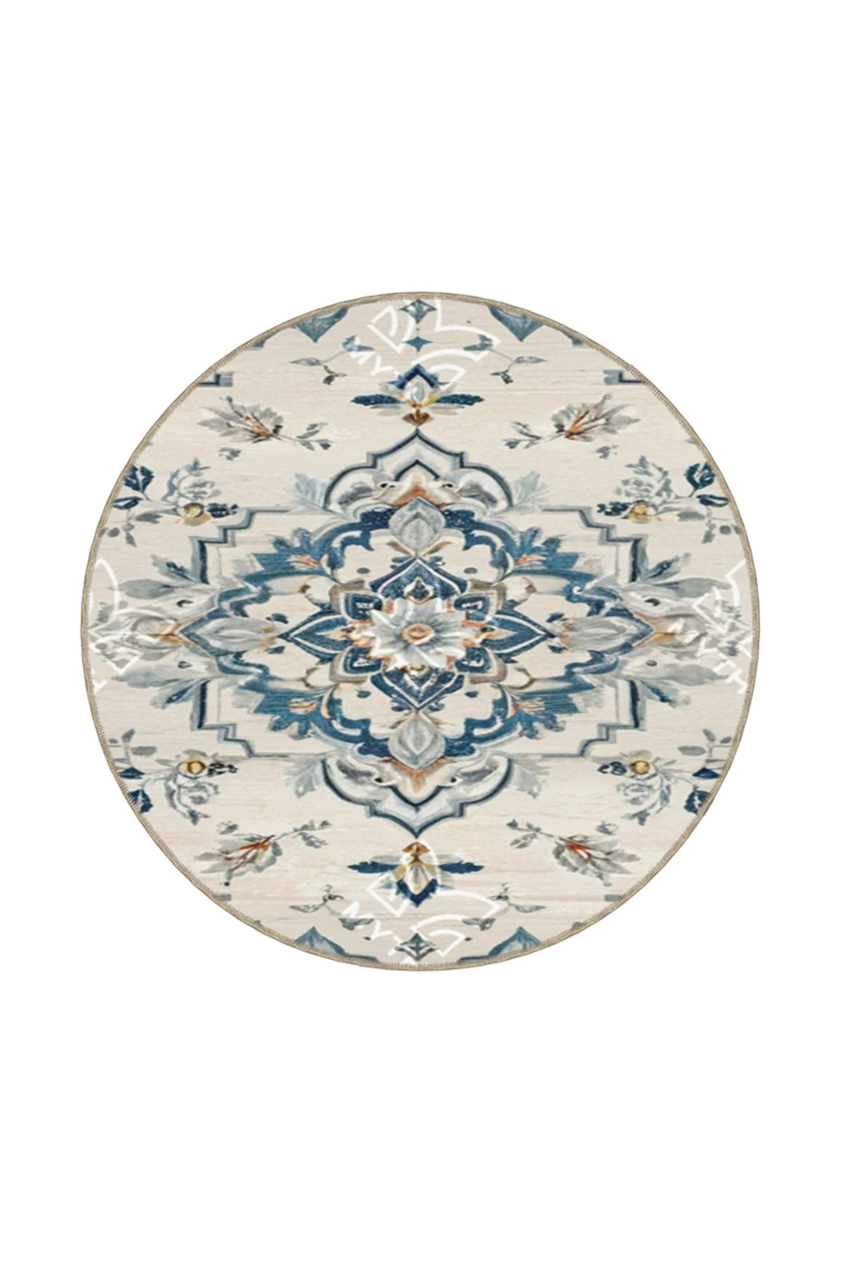 Krem Tonlarda Geleneksel Temalı Dokuma Taban ve Yıkanabilir Halı MYTH3