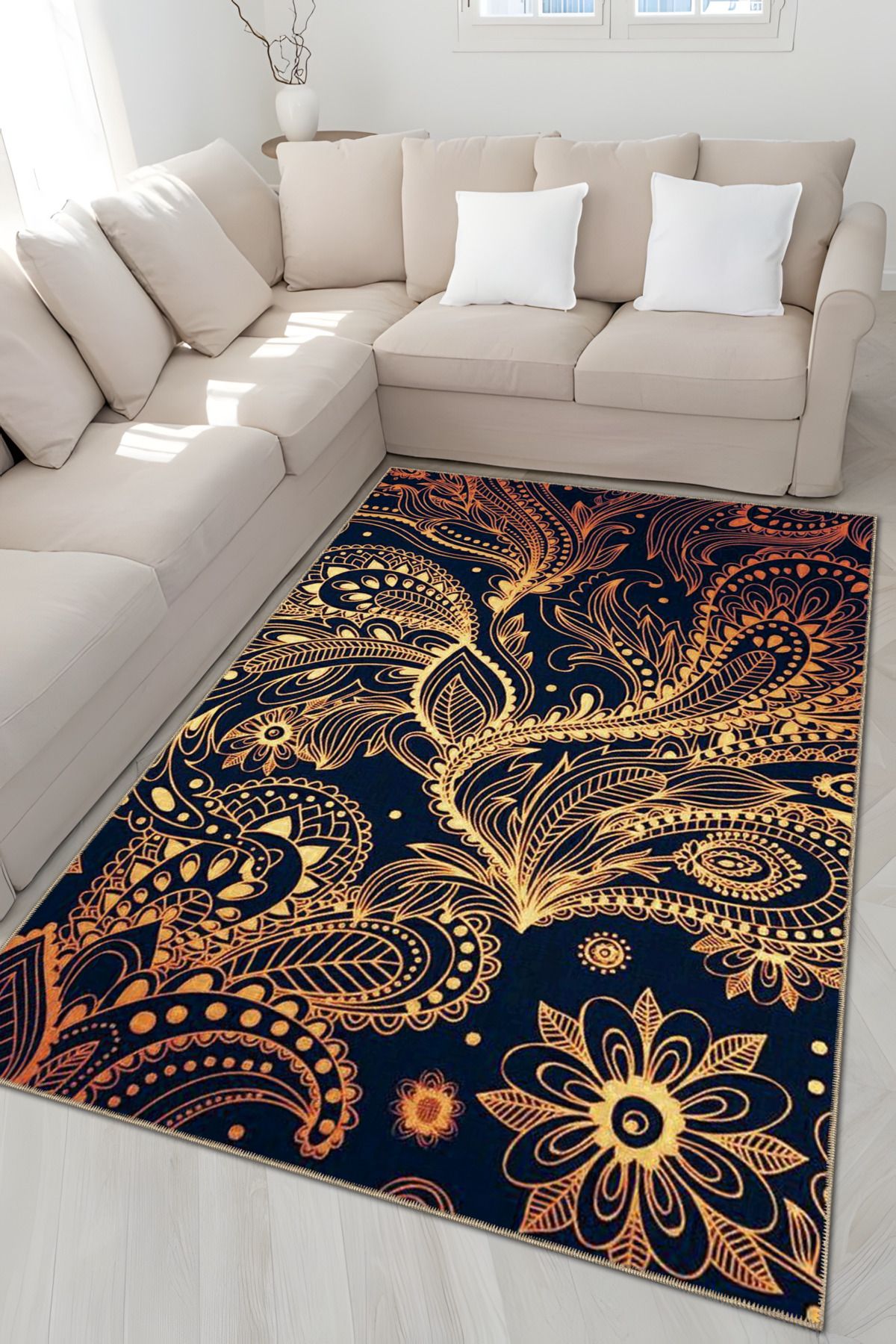 Lacivert Sarı Temalı Floral Soyut Figür Desenli Modern Dekoratif Halı 4819