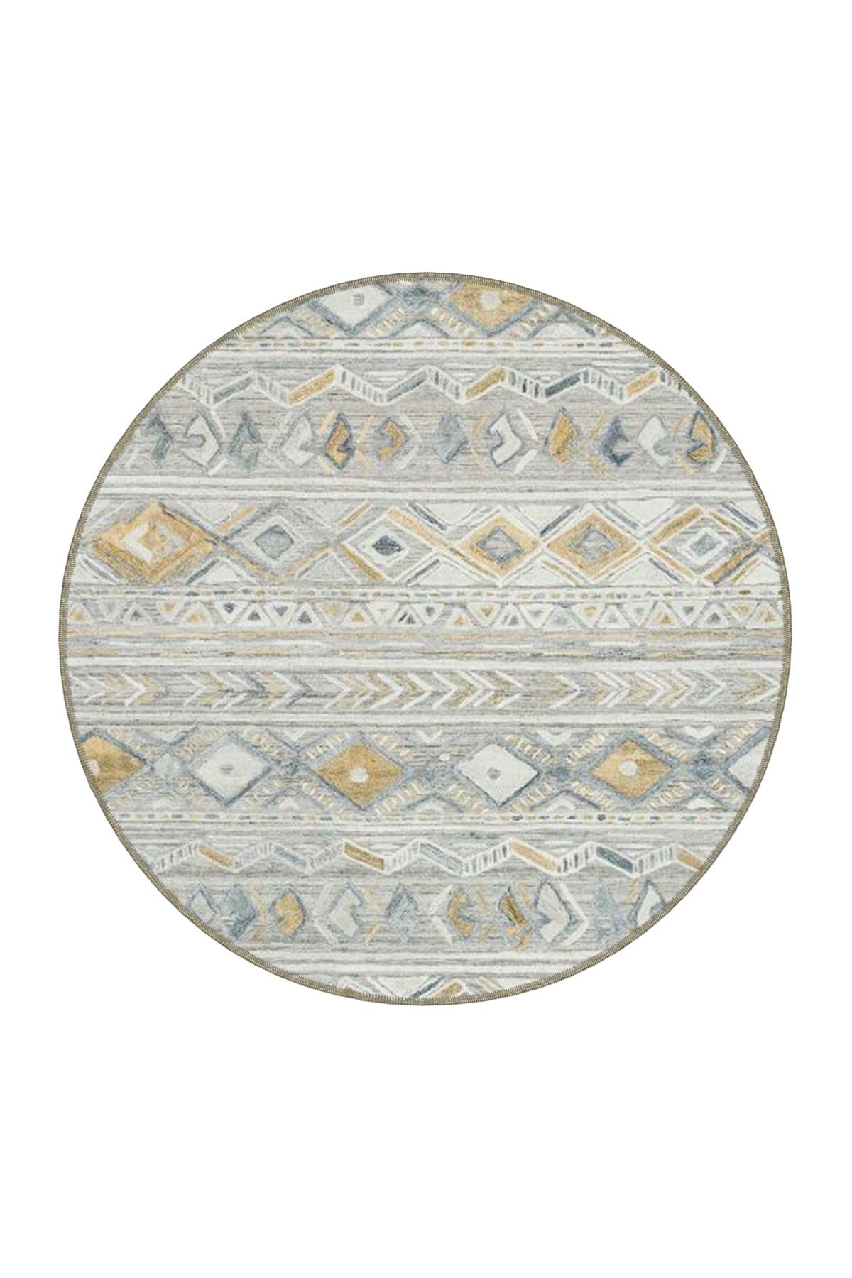 Gri Sarı Temalı Motifli Etnik Figür Desenli Vintage Dekoratif Halı 3975