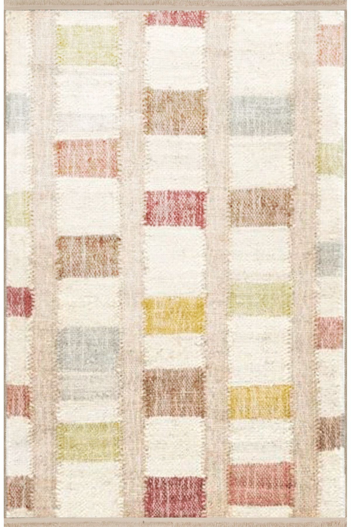 Açık Ton Çok Renkli Geometrik Desenli Saçaklı Vintage Dekoratif Halı 3196