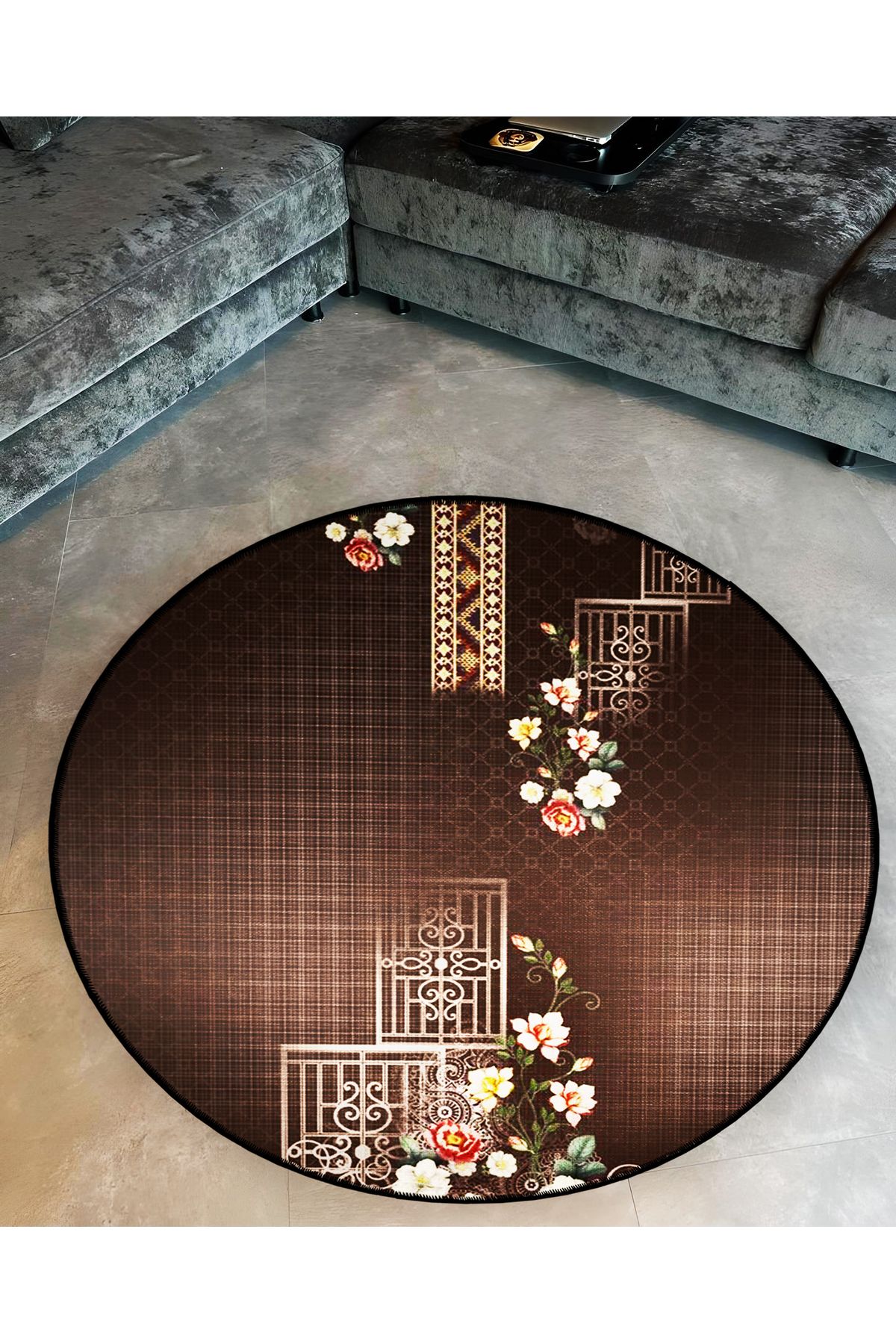 Kahverengi Temalı Geometrik Motifli Çiçek Desenli Yuvarlak Dokuma Taban Vintage Dekoratif Halı 6199