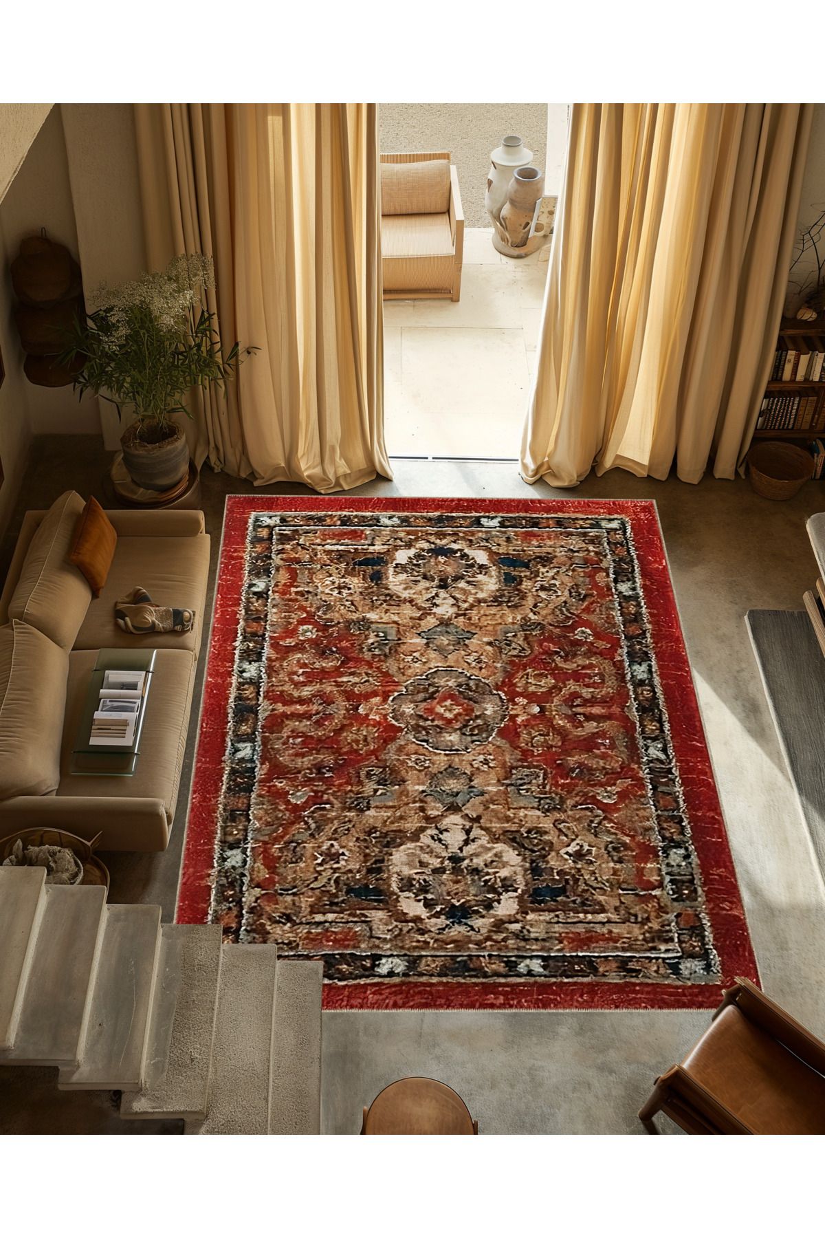 Bordo Bej Temalı Geleneksel Motif Desenli Vintage Dekoratif Halı 3303