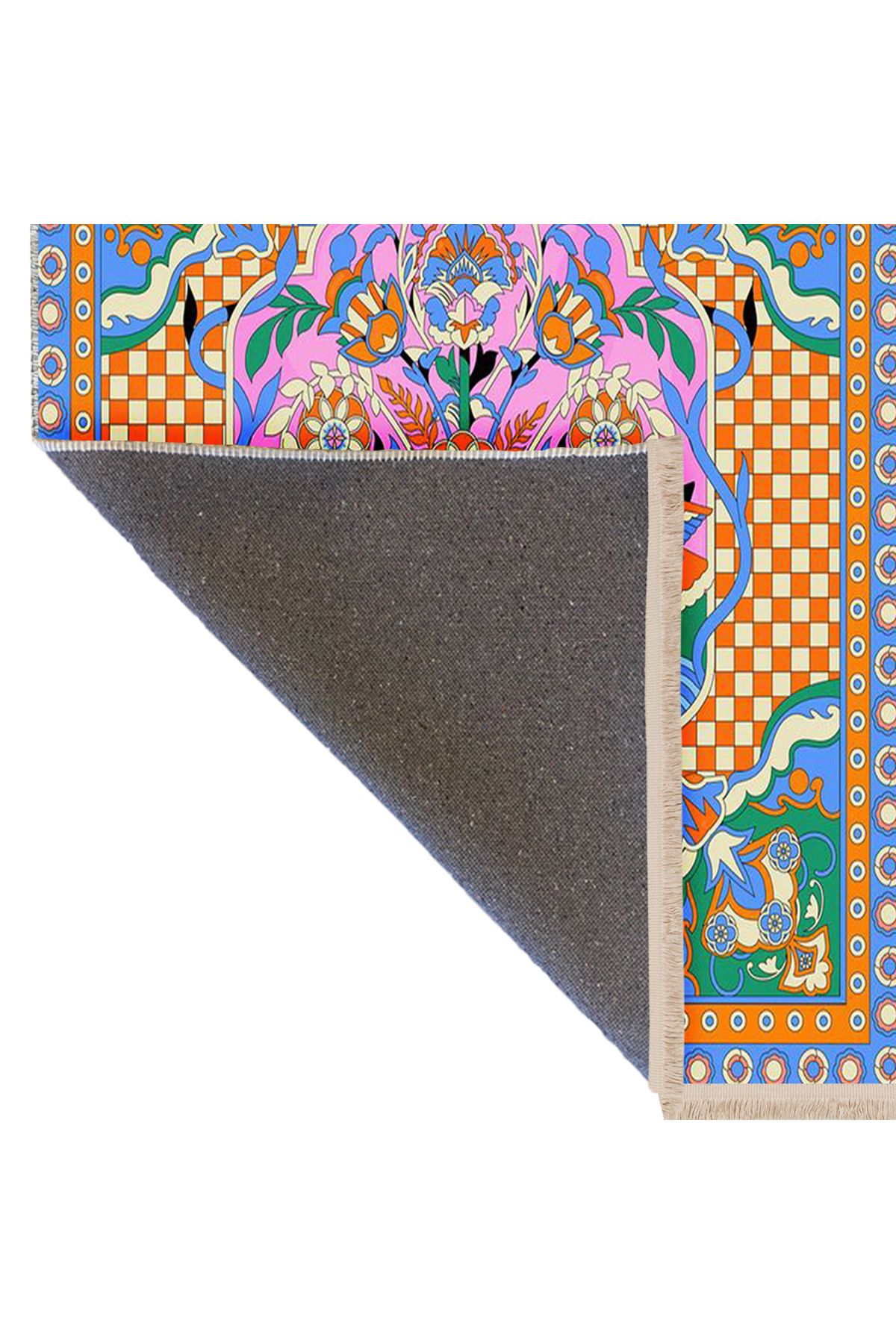 Özge Koleksiyonu Çok Renkli  Çiçek Ve Dama Detaylı Dokuma Taban Modern Dekoratif Halı özge40