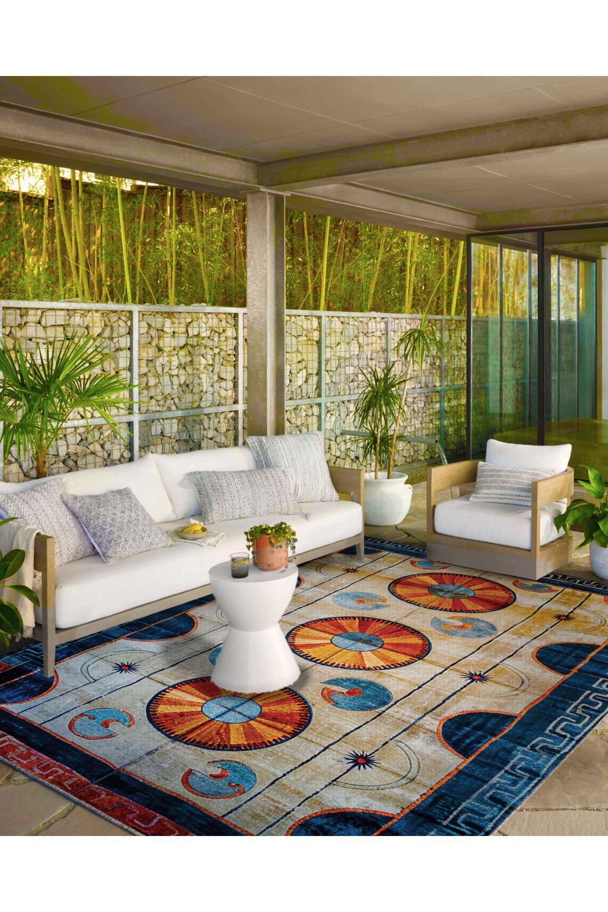 Paris Koleksiyonu Bej Mavi Temalı Geometrik Şekiller Desenli Vintage Dekoratif Halı 103