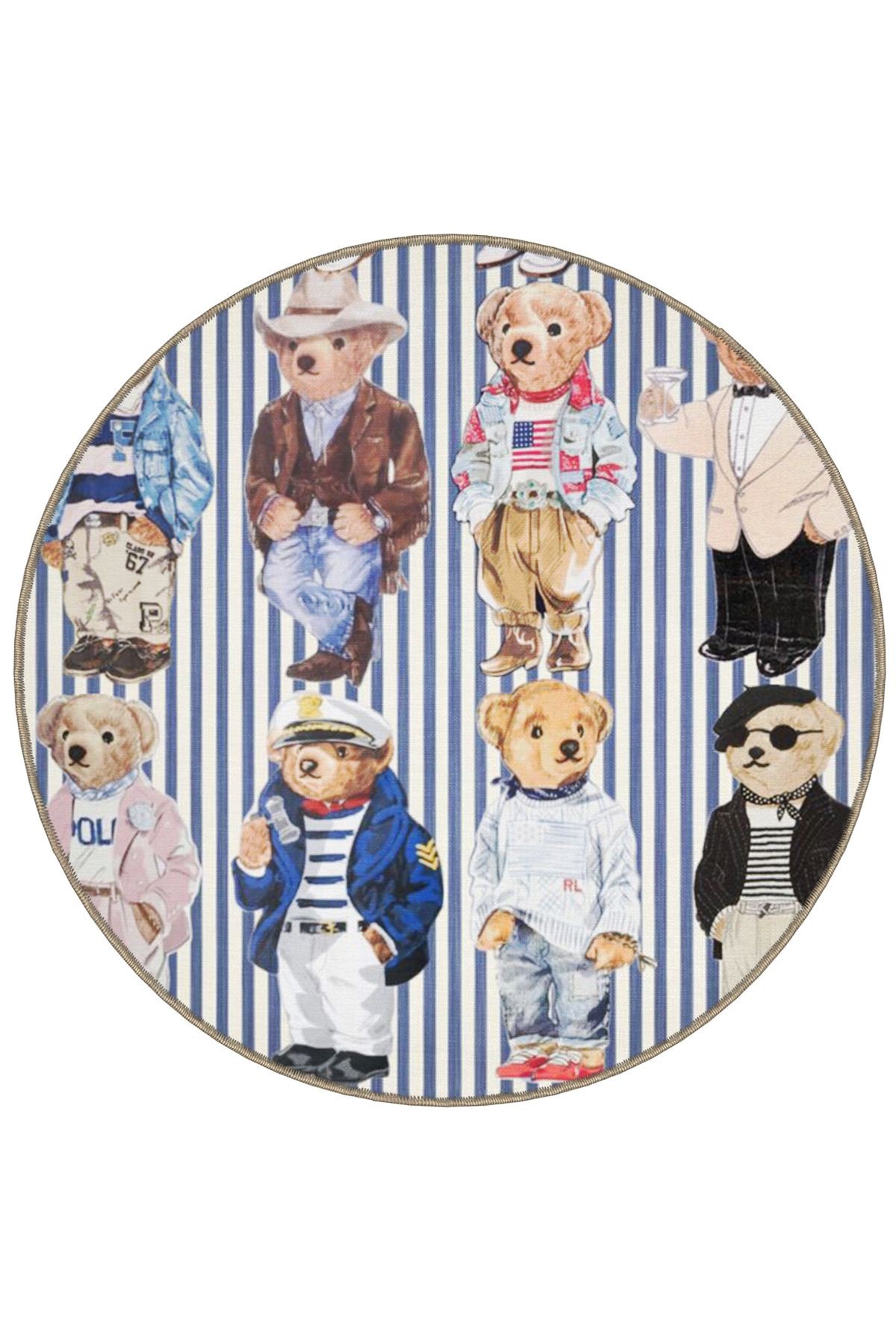 Mira Yuvarlak Mavi Ton Çizgiler ve Teddy Bear Ayıcık Figürler Desenli Modern Dekoratif Halı 4948