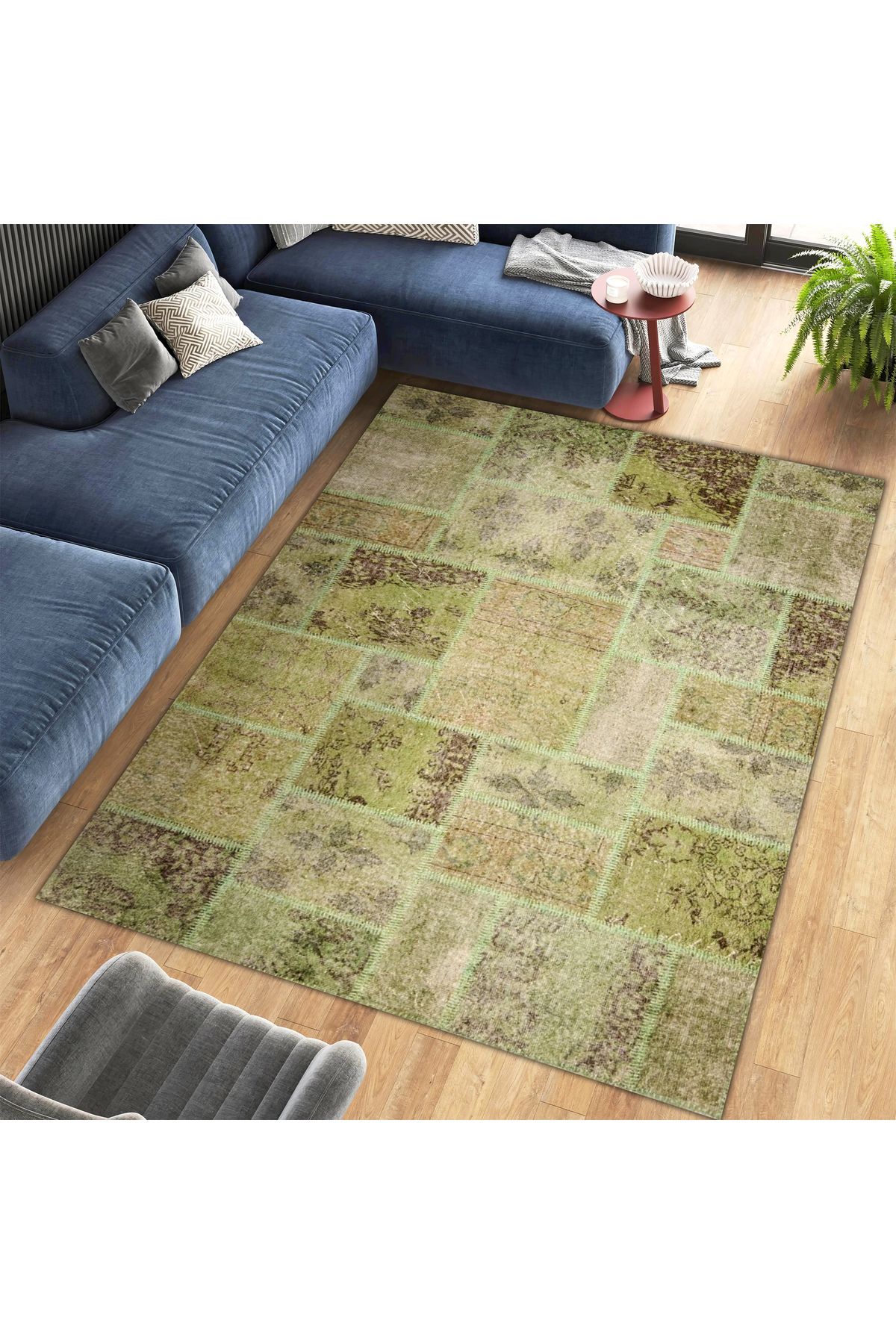Cansu Koleksiyonu Eskitme Patchwork Görünümlü Yeşil Tonlarda Dokuma Taban Dekoratif Halı cansu09