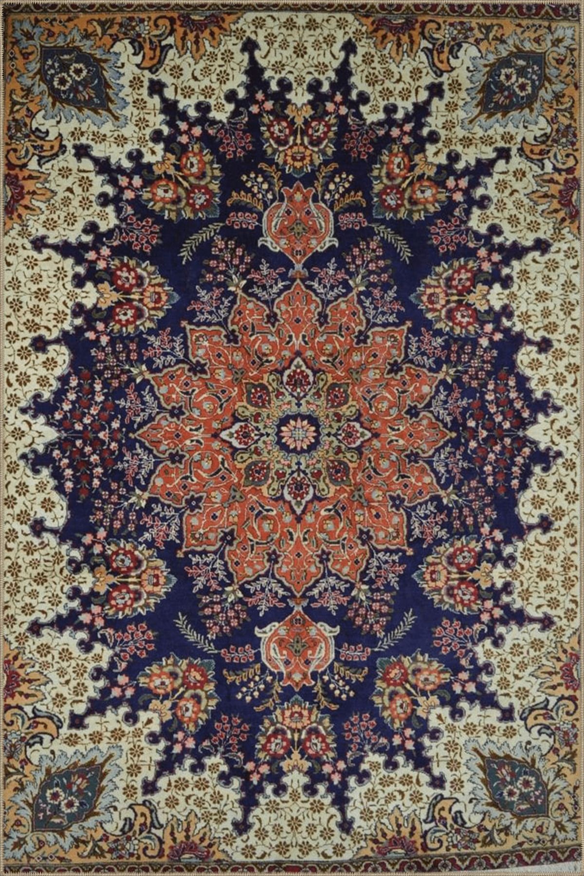 Bej Lacivert Temalı Çok Renkli Geleneksel Motif Çiçek Desenli Etnik Vintage Dekoratif Halı 4897