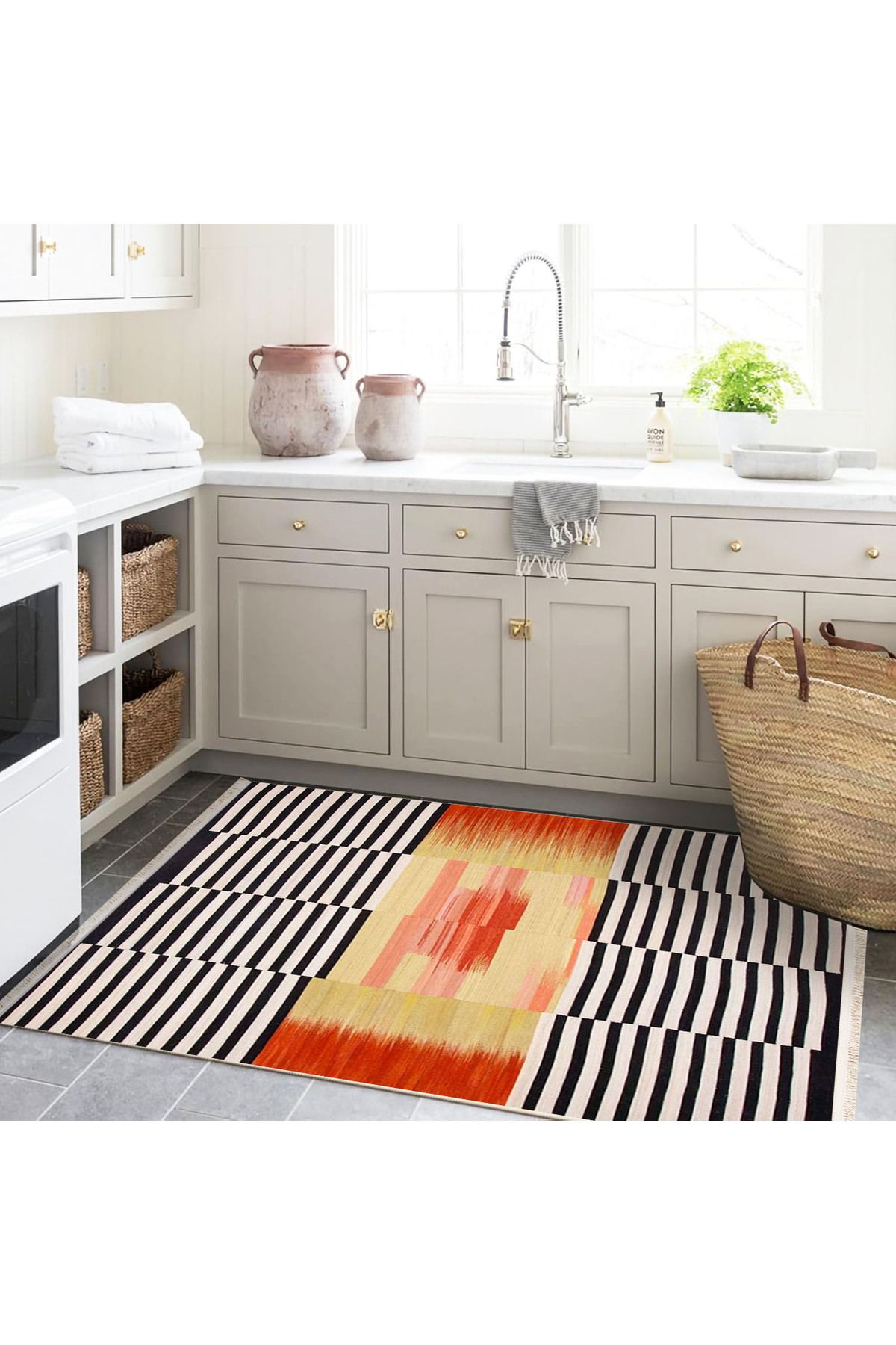 Güney Koleksiyonu Turuncu Siyah Temalı Çizgili Geometrik Desenli Modern Dekoratif Halı 37