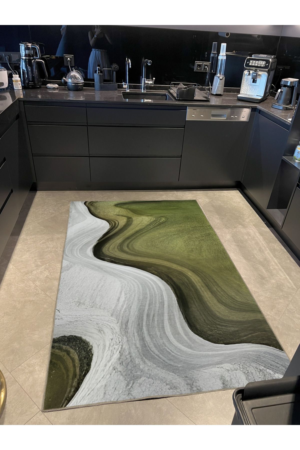 Gri Yeşil Temalı Sürrealist Dalga Desenli Modern Dekoratif Halı 1992